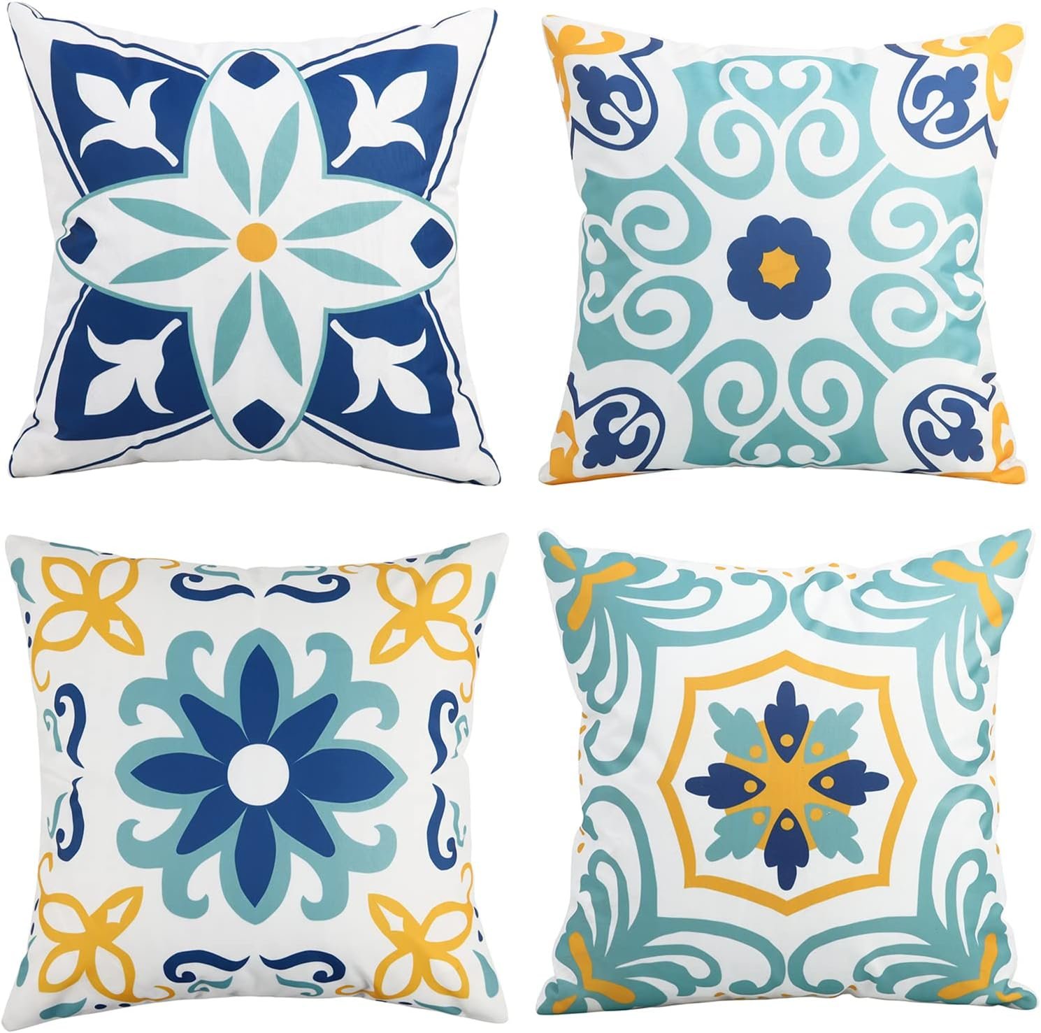 Pyonic Outdoor Waterproof Throw Pillow Covers Set of 4 Floral Printed and Boho Farmhouse Summer Outdoor Pillow Covers for Patio Funiture Garden 18×18 Inch Blue
