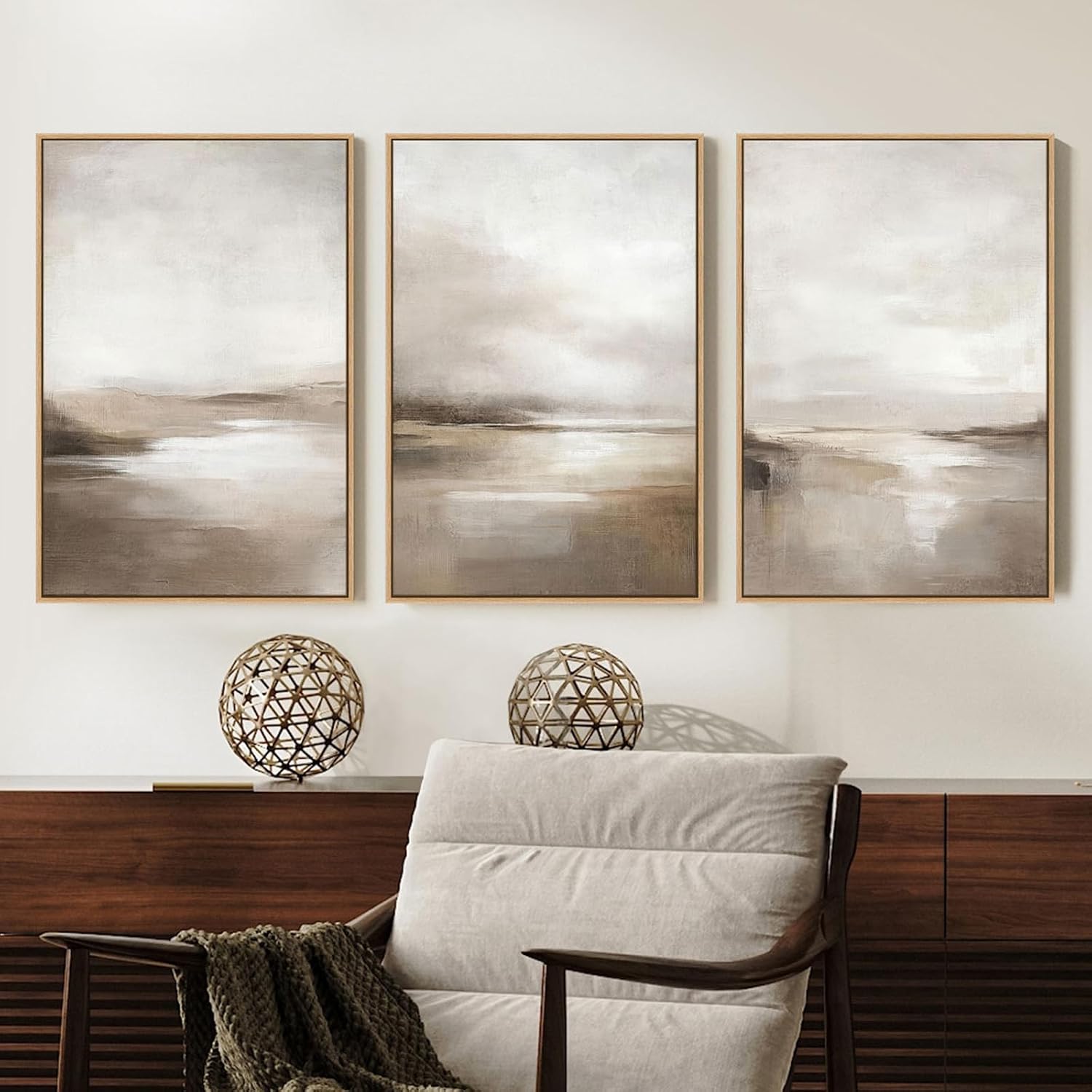 SAFERRYHOME Neutral Abstract Landscape Shapes Wall Art,3 Panels 24×36 Inch | Minimalist Framed Canvas Print Set, Abstract Illustrations Modern Nordic Calm Decor for Living Room,Bedroom,Bathroom,Hallway
