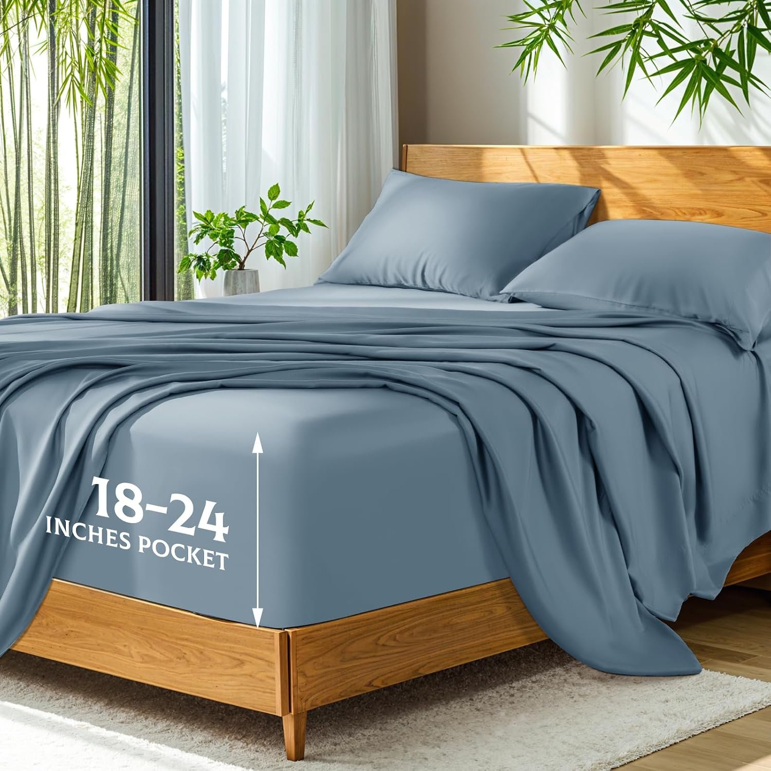 SONORO KATE 100% Viscose Derived from Bamboo_Sheets, Extra Deep Pocket,4PC | 18-24 Inch Extra Deep Pocket,Ultra Soft & Cooling Sheets for Hot Sleepers,Hotel Luxury Silky Bed Sheets,King,French Blue