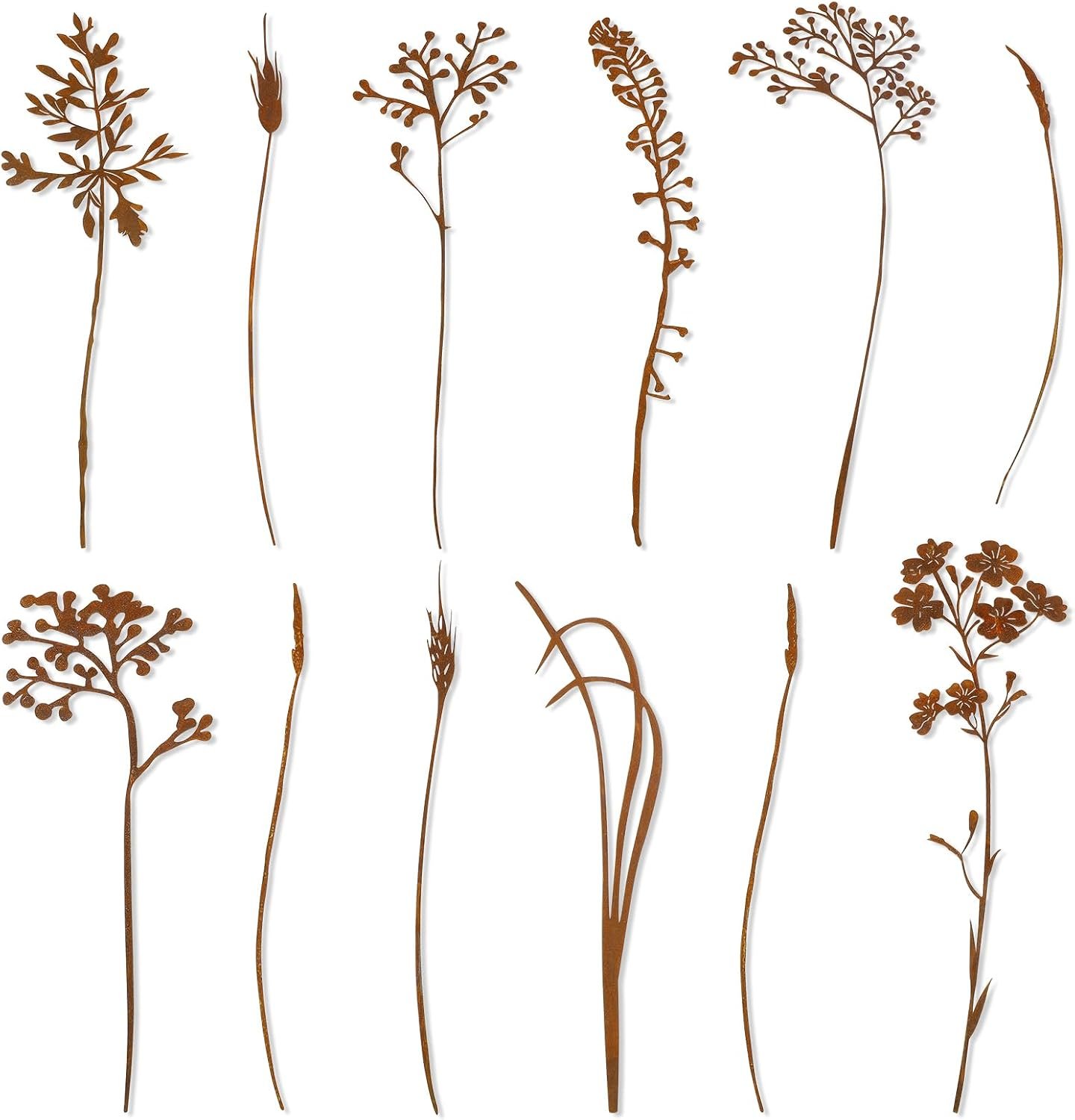 12 Pcs Rusty Metal Flowers Rustic Spring Plants Rusty Metal Garden Stakes Decor for Outside Yard Art Decorative Garden Stakes Potted Plants Lawn Yard Walkway and Flower Garden