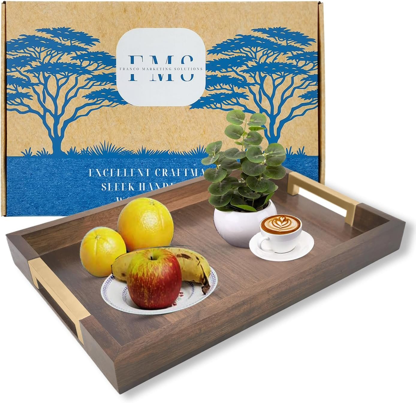 Large Wooden Ottoman Tray with Golden Handles for Serving Food, Decorative Serving Platter for Breakfast, Dinner & Bar, 17.5×11.8in Rustic Storage Tray for Kitchen, Bedroom & Gift Packaging