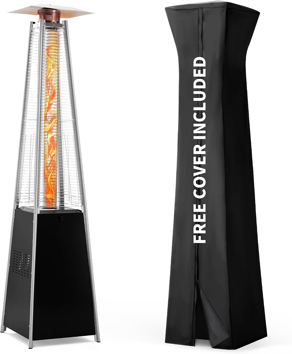 Pamapic Patio Heater with Cover, 48,000 BTU Pyramid Flame Outdoor Heater Quartz Glass Tube 87″ Propane Heater