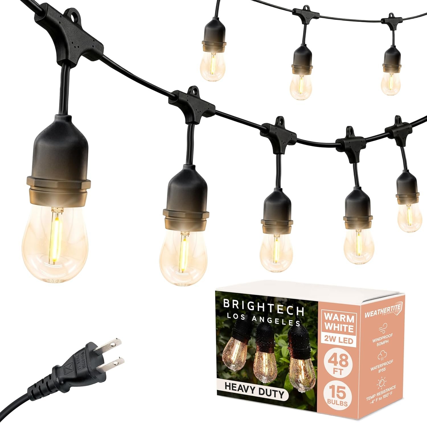 Brightech Ambience Pro – Waterproof LED Outdoor String Lights – 15 Hanging, Dimmable 2W Vintage Edison Bulbs – 48 Ft Commercial Grade Patio Lights Create Cafe Ambience in Your Backyard