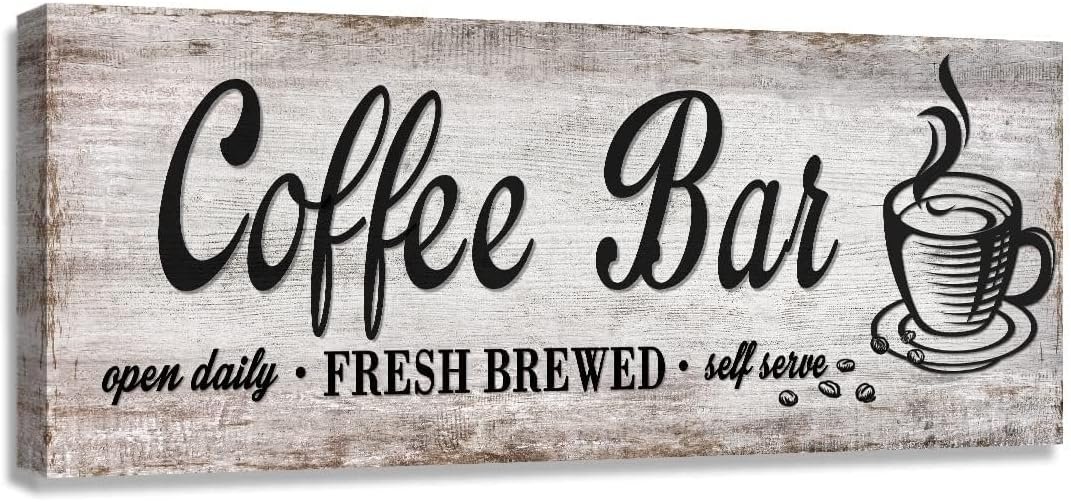Rustic Wood Grain Coffee Station，Retro Coffee Bar Signs for Kitchen 6×17 | Self Serve Fresh Brewed Open Daily, Large Farmhouse Wall Hanging Plaque