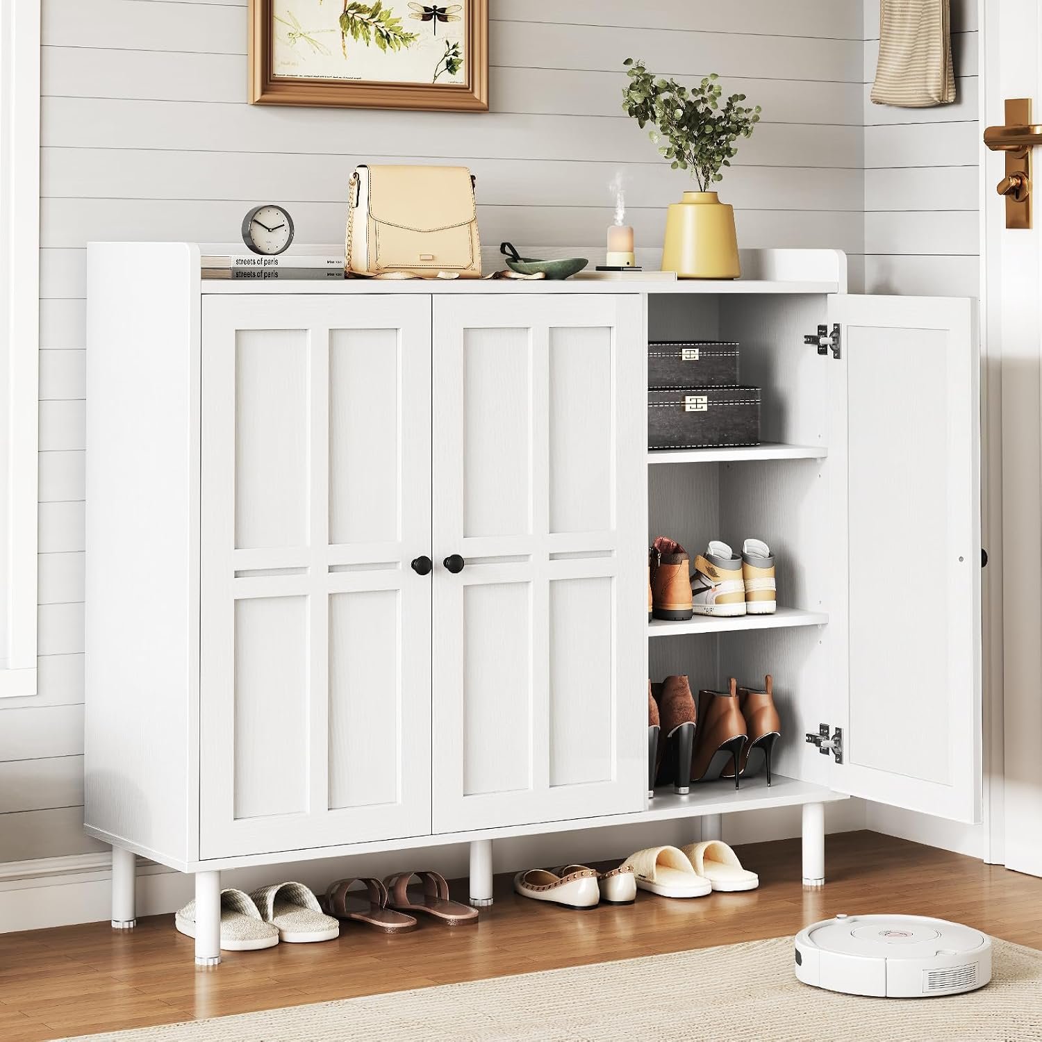 Shoe Cabinet with 3 Doors & Adjustable Shelves for Entryway(White) | 30 Pairs Shoe Storage Cabinet, 40 Inch Tall Farmhouse Shoe Rack Shoe Organizer Cabinet for Hallway Living Room Closet