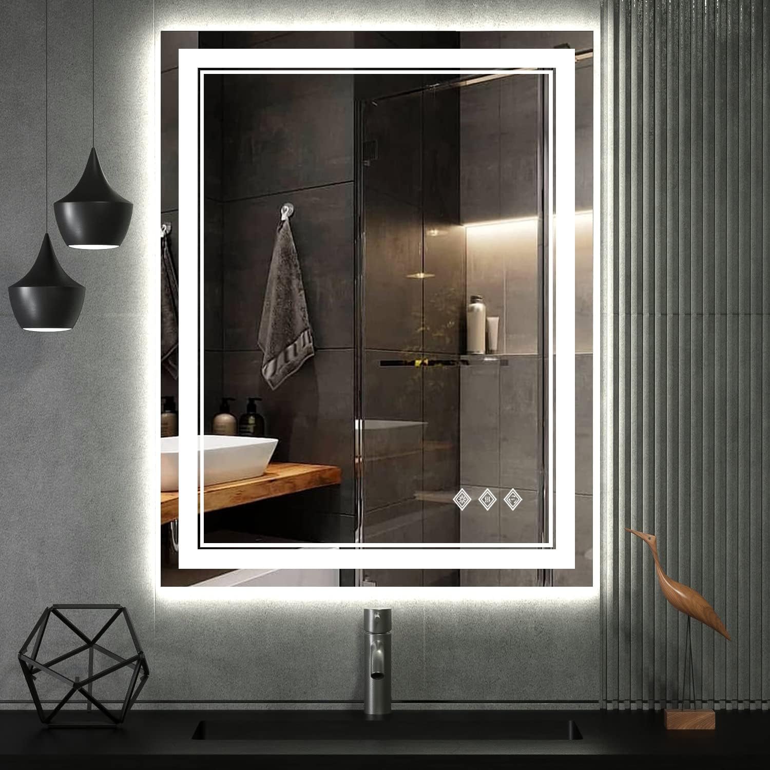 LED Bathroom Mirror, 24×32 Inch Vanity Mirror with Lights | Gradient Front and Backlit Bathroom Mirror with Lights, 3 Colors Dimmable CRI>90, IP54 Enhanced Anti-Fog, Hanging Plates