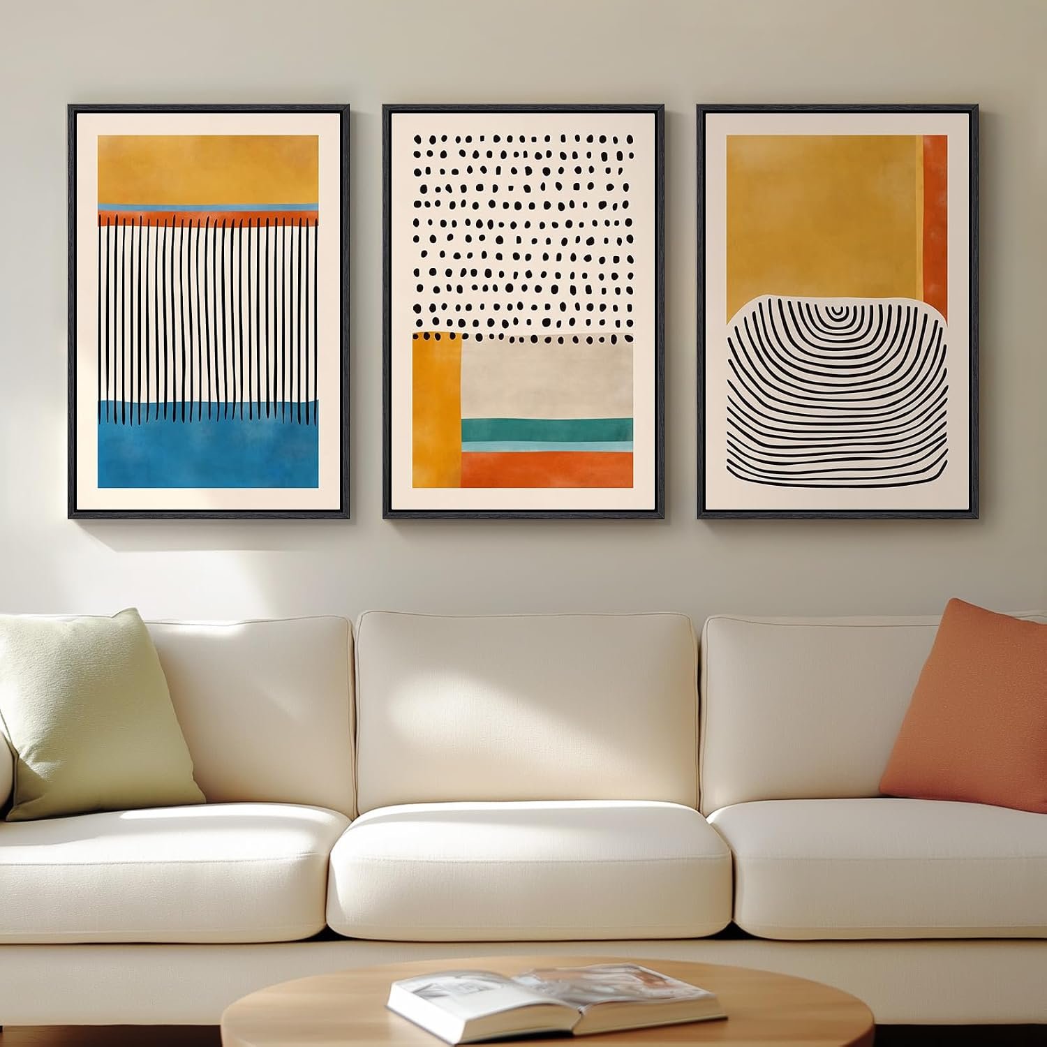 Framed Colorful Abstract Wall Art for Living Room, 3 Piece Mid Century Modern Canvas Paintings Prints Artwork for Walls, Large Modern Triptych Pictures Wall Decor for Bedroom Home Office, 16×24 Inch