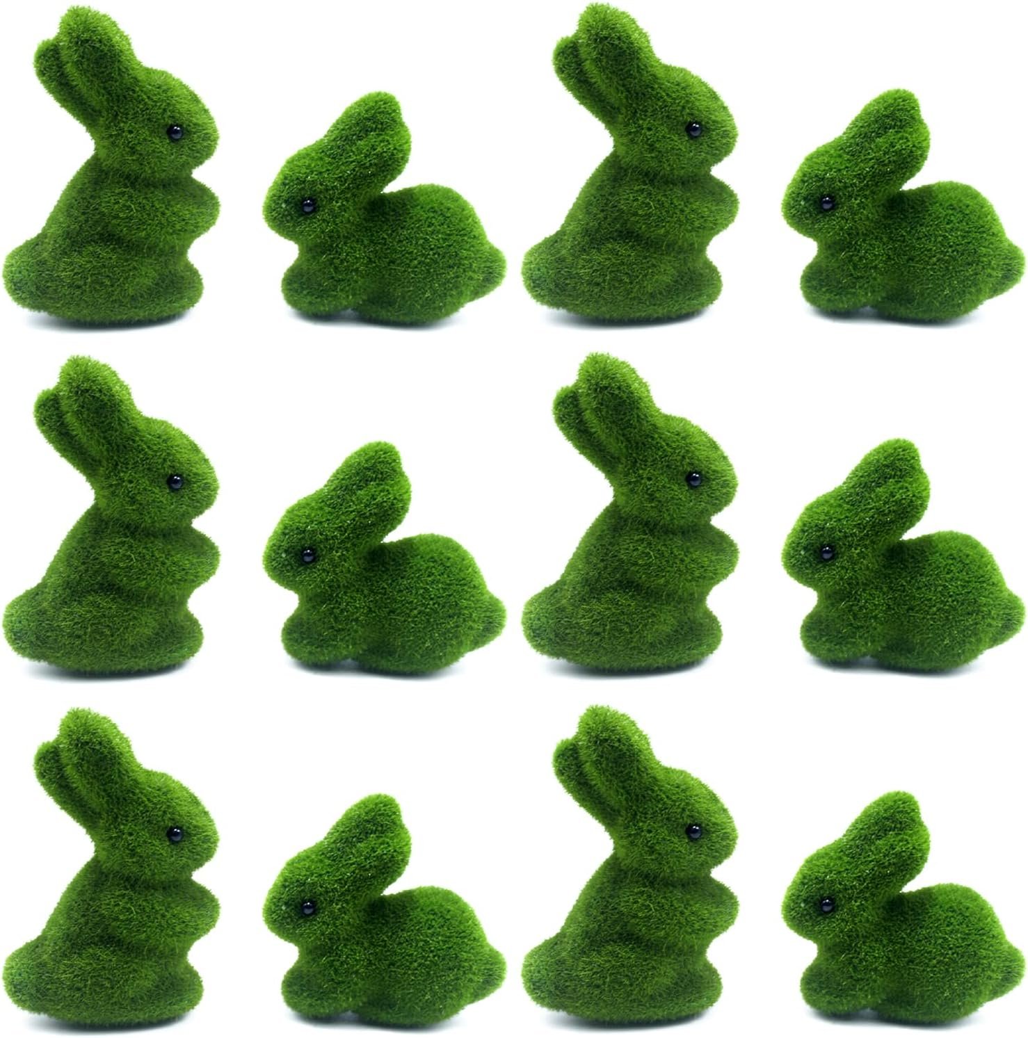 Moss Easter Bunny Home Decor, 12 Pcs Artificial Green Moss Rabbit for Easter Decoration, Small Flocked Bunny Figurines for Spring Table Decor (12)