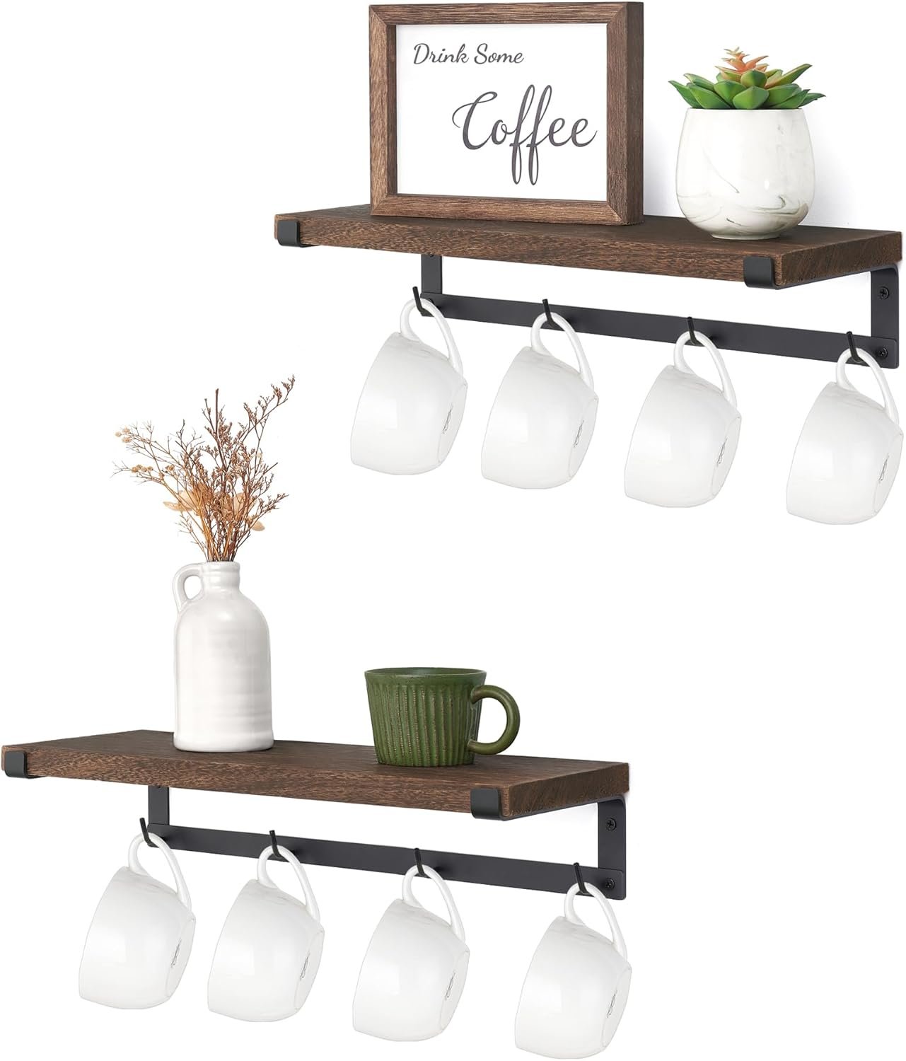 Dahey Coffee Mug Holder Wall Mount with Hooks, 2 Pack Wood Cup Shelf, Brown | Space Saving, Storage & Hanging Design, Fits Utensils Spices Cans, Easy Assembly, Hardware Included, Rustic Bar Kitchen Decor