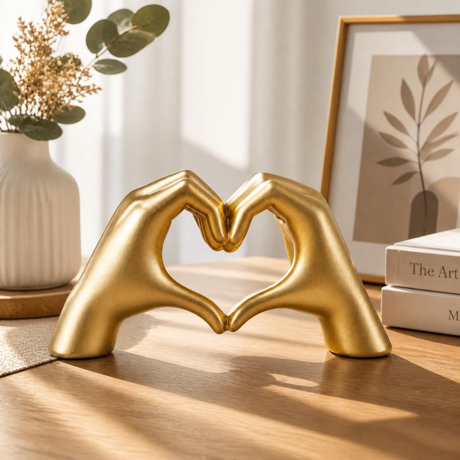 SANTA CASA Small Gold Heart Hands Sculpture, Gold Tone Desktop Art Statue | Room & Bookshelf Decor, Table Centerpiece Figurine, Modern Home Ornament, Unique Gift for Every Occasion