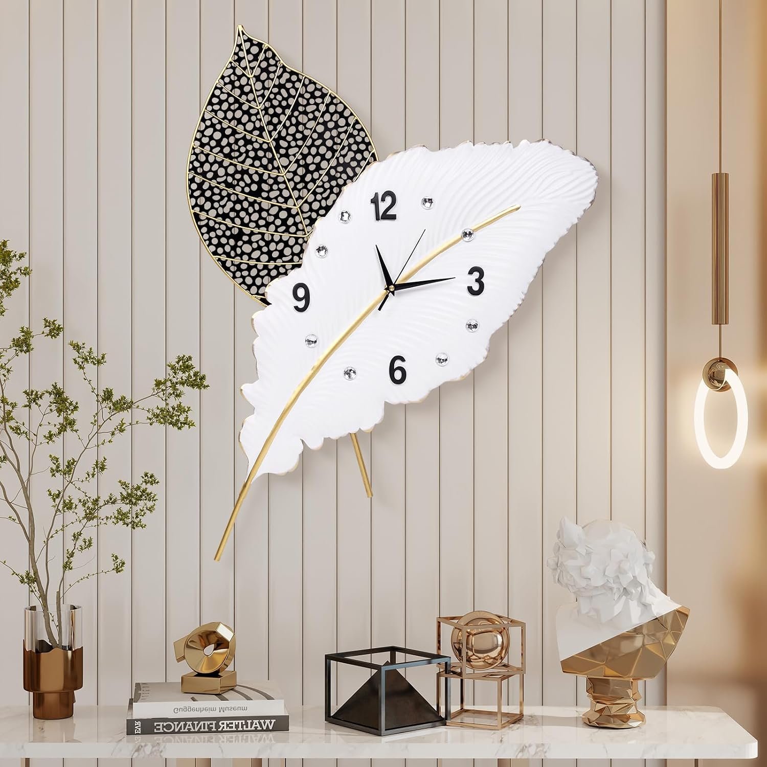 18×27 inch Large Modern Feather Leaf Shape Wall Clock | White Unique Silent Decorative Art Clock for Living Room Bedroom Office Kitchen Decor