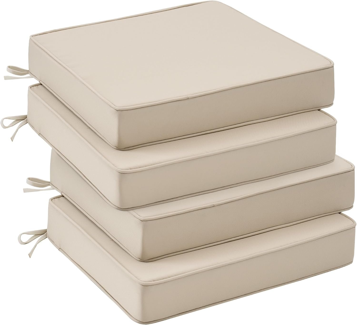 UNIKOME Outdoor Chair Cushions Set of 4, Water Resistant Patio Seat Cushions with Ties for Outdoor Furniture, High-Density Foam, UV & Fade Resistant, Piped Edge – 18.5″ x 16″ x 3″, Beige
