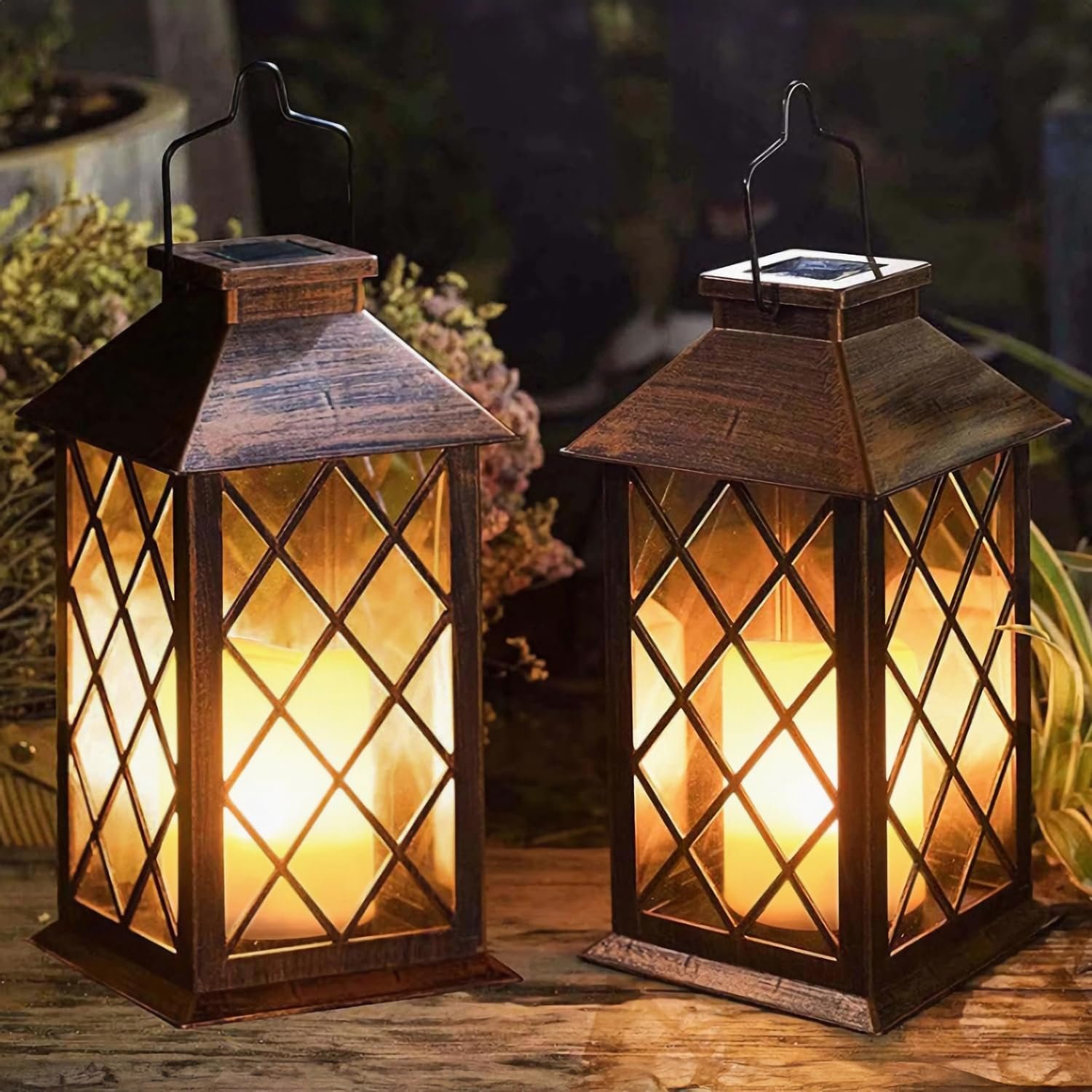 [2 Pack] TAKE ME 14″ Solar Lantern Outdoor Garden Hanging Lantern Waterproof LED Flickering Flameless Candle Mission Lights for Table,Outdoor, Mothers Day Gifts Mom Wife