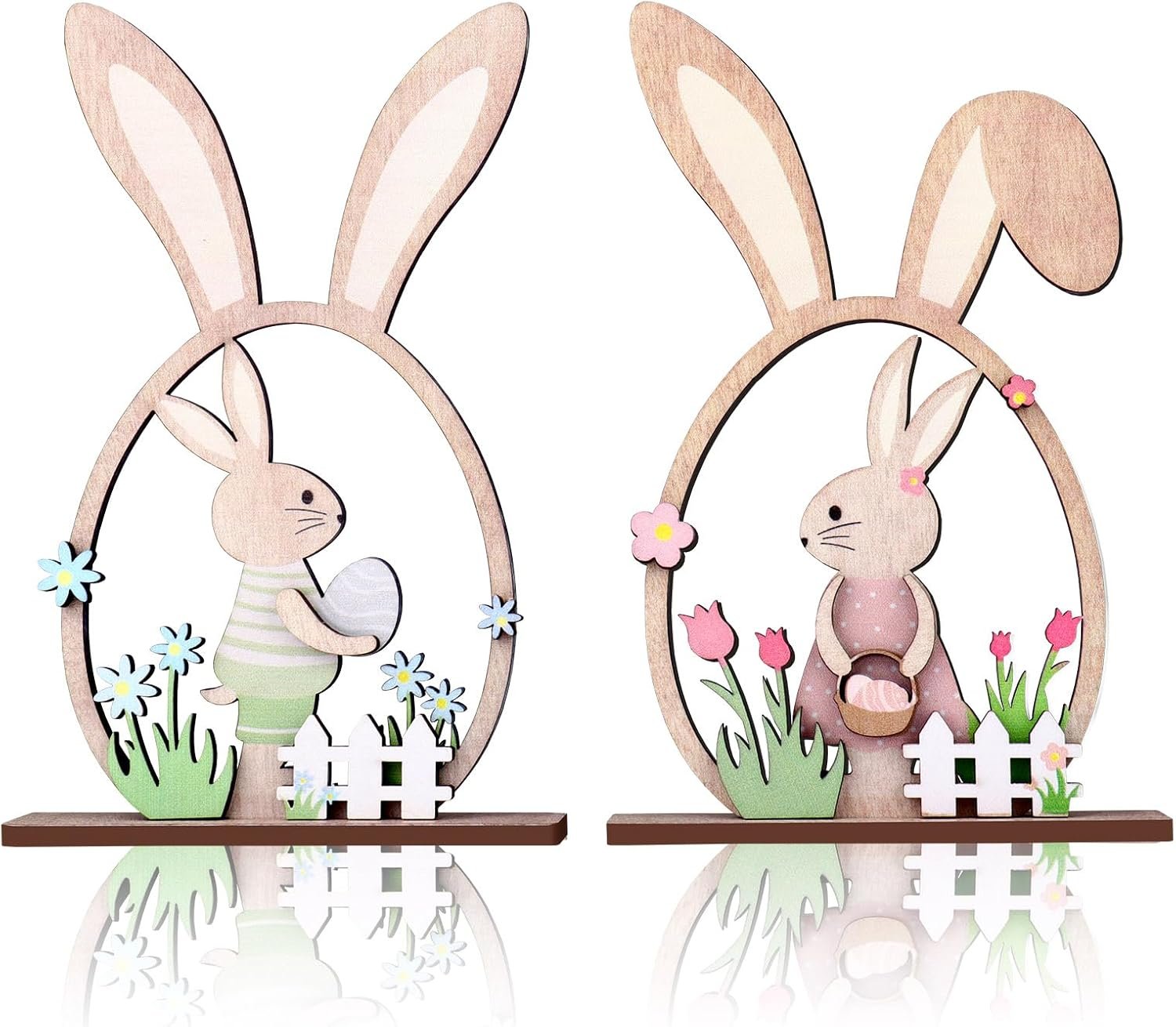 2Pcs Easter Decorations Wooden Bunny Desk Ornaments with Floral & Egg Motifs, Rustic Home Tiered Tray Decor, Spring Table Centerpieces for Easter & Seasonal Decoration (Farmhouse)