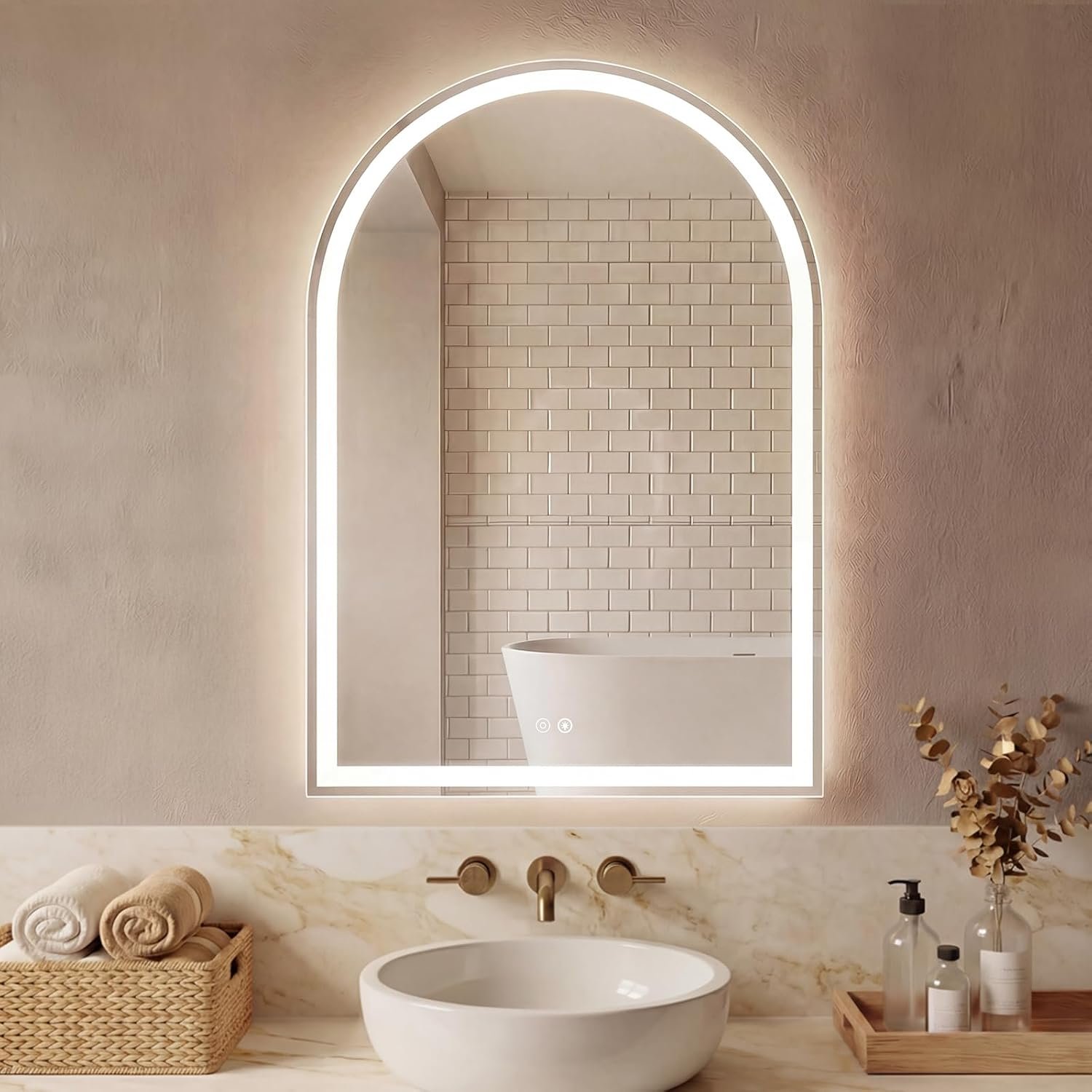 Sweetcrispy Arched LED Bathroom Mirror with Lights, Vanity Mirror, 28″x36″ | Anti-Fog, Dimmable, 3-Color Light, Backlit, Memory Function, Tempered Glass