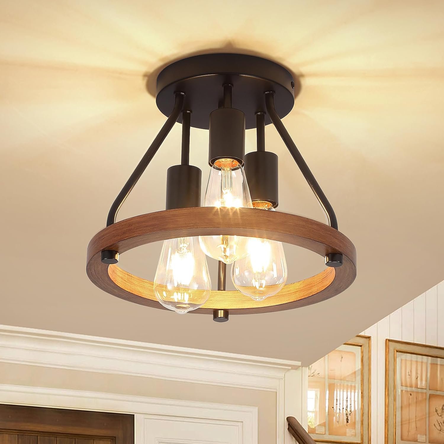 Modern Farmhouse Wood Semi Flush Mount Ceiling Light Hallway Light Fixtures | Entryway Light Fixture 3-Light Rustic Industrial Ceiling Lamp for Kitchen Bedroom Laundry Dining Room Lighting Fixtures