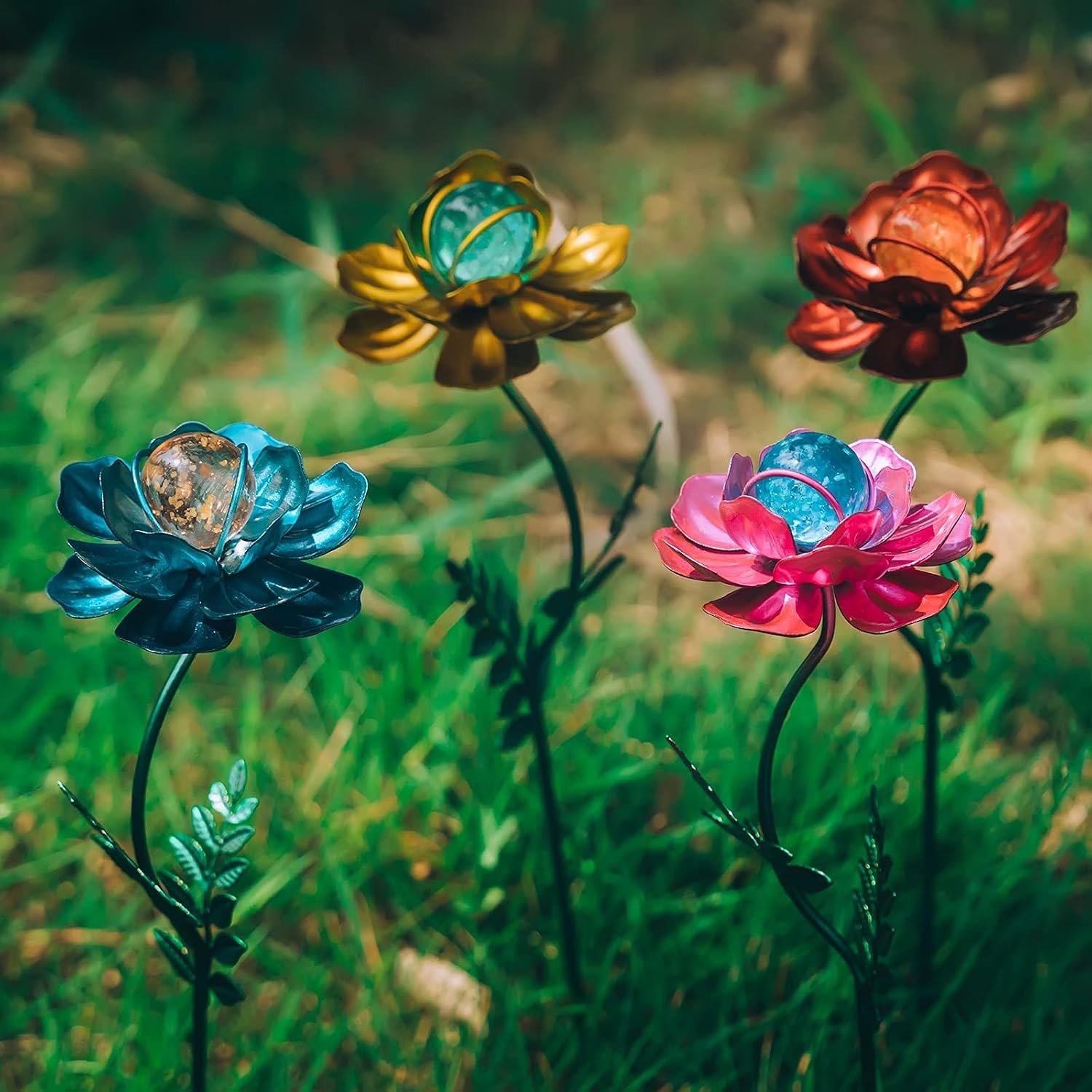 Viveta 4 Pack Flower Garden Stakes Decor, 12.9 inch Metal Flowers Outdoor Decor Waterproof Metal Flower Sticks for Patio, Lawn, Yard Decorations | 12.9 inch Metal Flowers Outdoor Decor Waterproof for Patio, Lawn, Yard Decorations