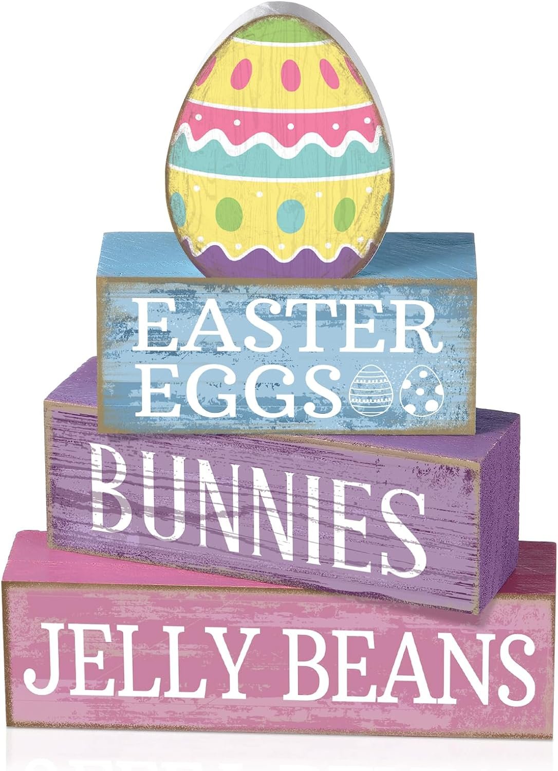 Lineshading 4 Pcs Easter Block Signs, Farmhouse Tiered Tray Decor Wooden | Rustic Blocks with Easter Eggs Bunnies Jelly Beans Text, Colorful Egg Topper, Spring Tabletop Shelf Mantel Gift
