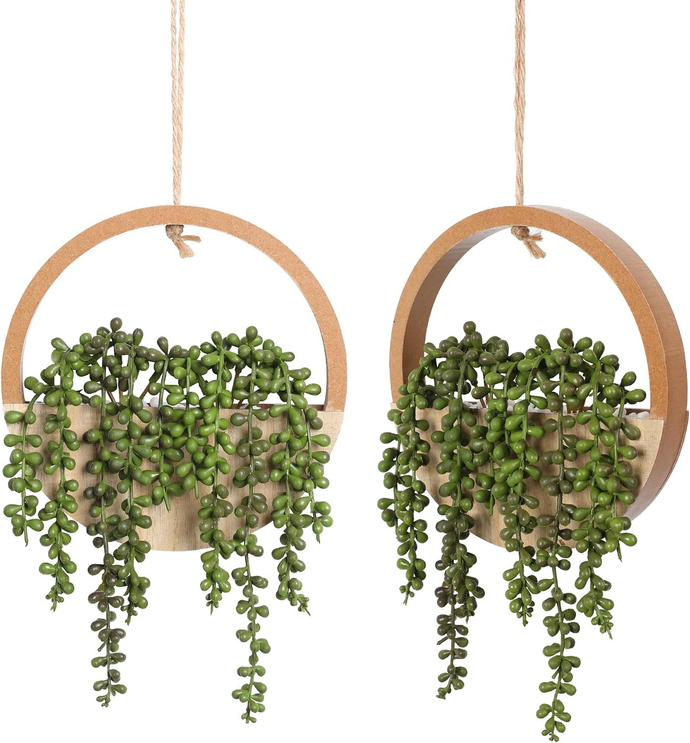 2pcs Artificial Succulents Hanging Plants 12.2” Fake String of Pearls in Pot with 8.3” Lanyard for Indoor Outdoor Wall Decor（Wood Color）.
