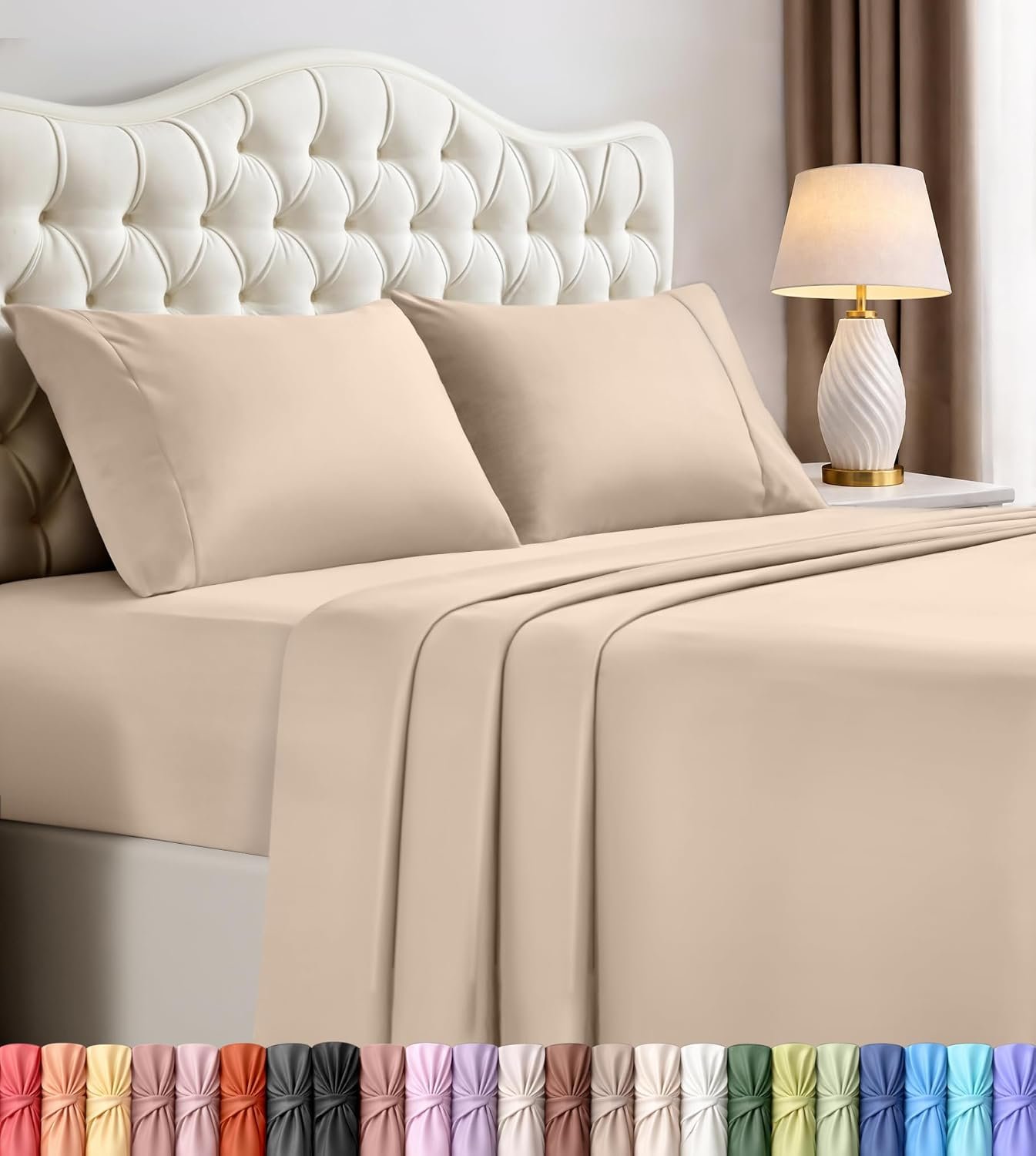 King Sheets Set, 4 Pieces 16″ Deep Pocket Hotel Luxury Bed Sheets, Beige | Extra Soft Bedsheet Set, Comfy & Breathable Cooling Sheets, Wrinkle & Fade Resistant, Fitted Sheet, Flat Sheet, 2 Pillowcases