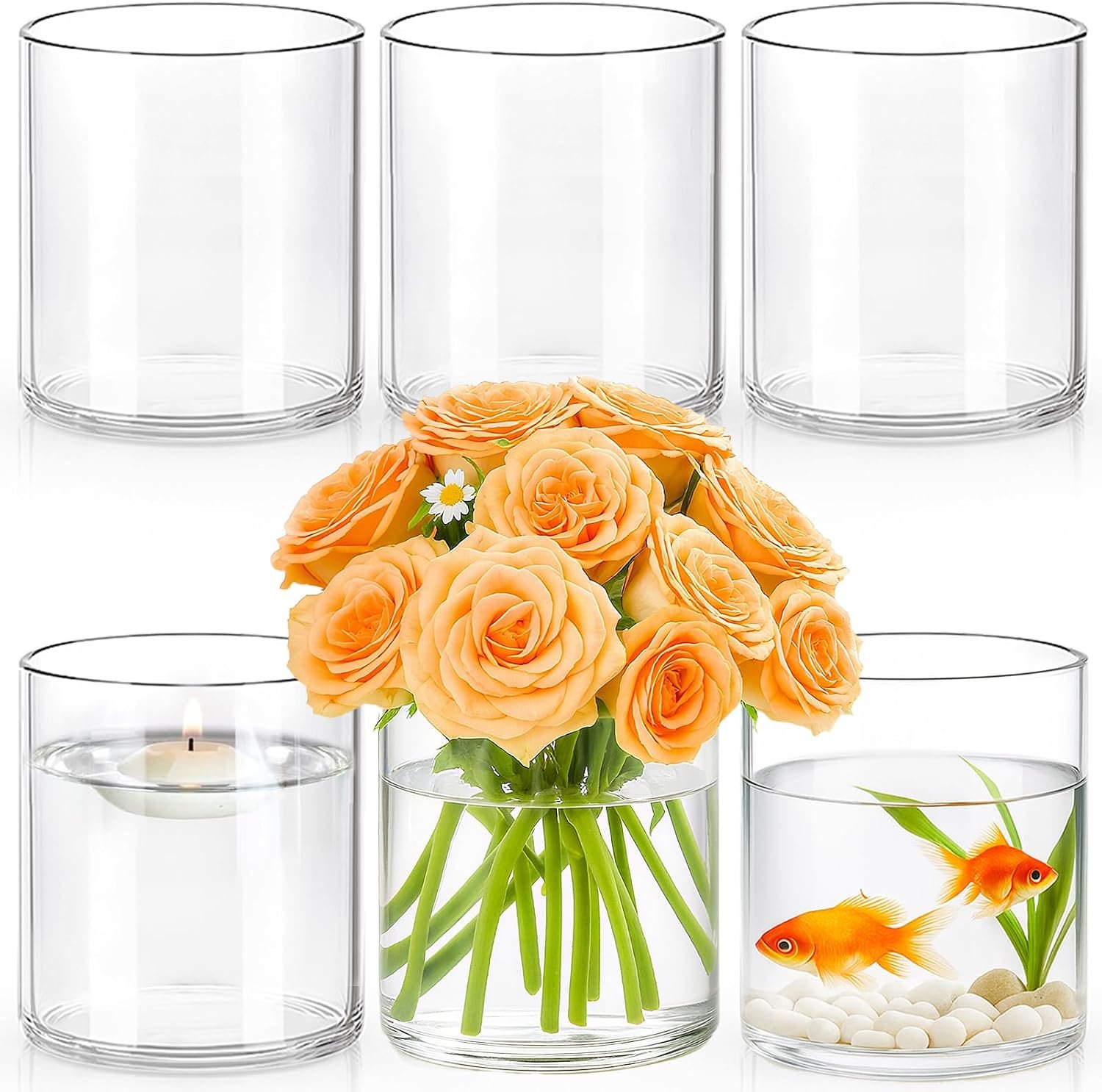 6pcs 6″ x 4.7″ Clear Glass Cylinder Vases for Centerpieces | Wide Mouth Flower Vases for Wedding & Home Decor, Hurricane Floating Candle Holders for Table, Includes 2 Floral Tapes