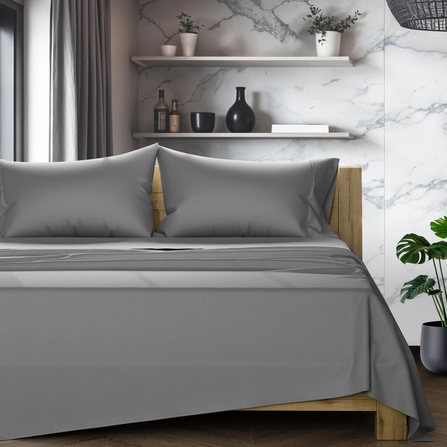 TEXAS LINEN CO. Egyptian Cotton Sheets King Size – 1200 Series High Thread Count King Size Sheets Set (4 PC, Dark Grey), 17″ Deep Pocket, Sateen Weave Luxury Hotel Bedding – Star Sleepin’ Collection