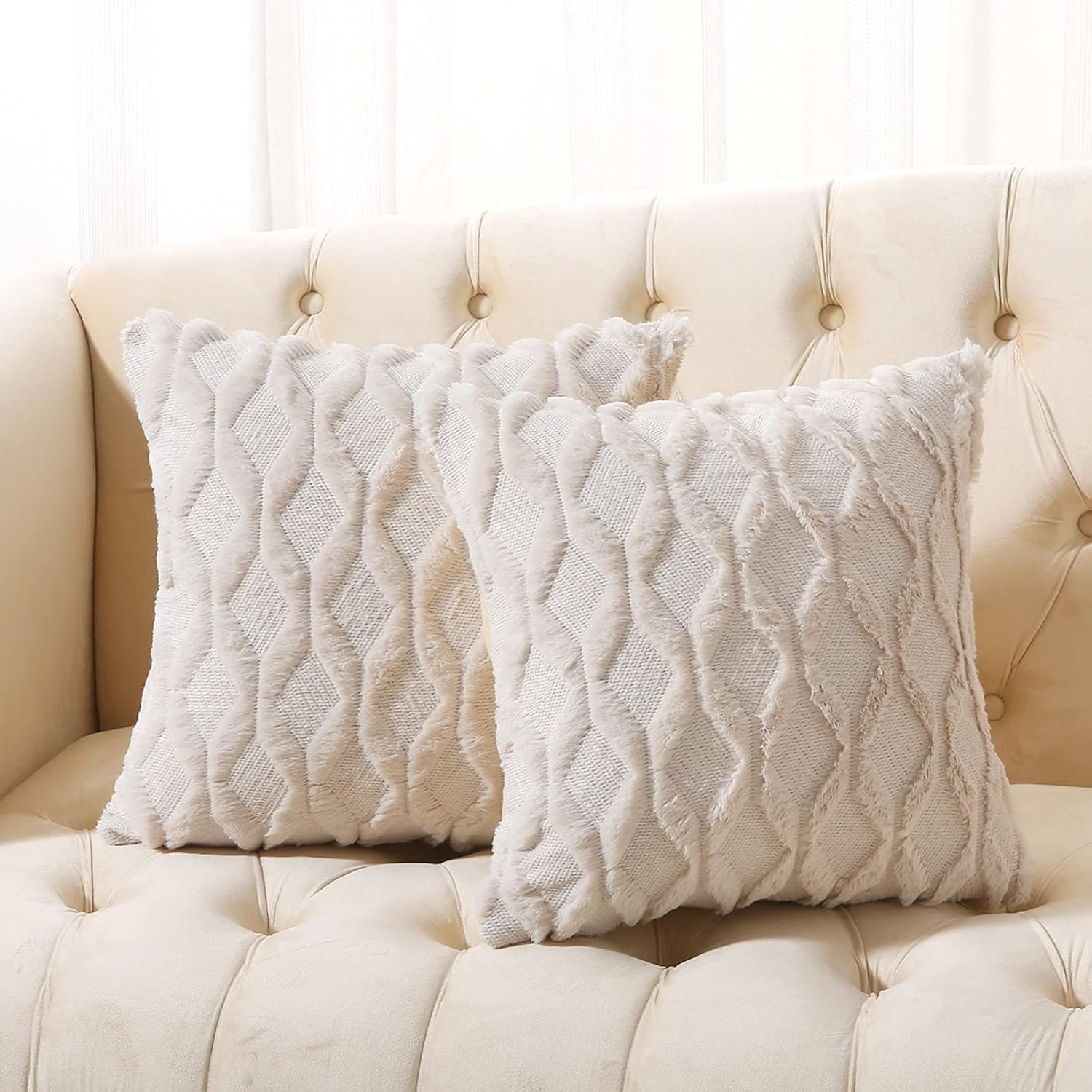Volcanics Fall Faux Wool Beige Boho Throw Pillow Covers 20×20 in Set of 2 | Decorative Farmhouse Velvet Couch Pillow Case Soft Plush Square Cushion Pillowcase