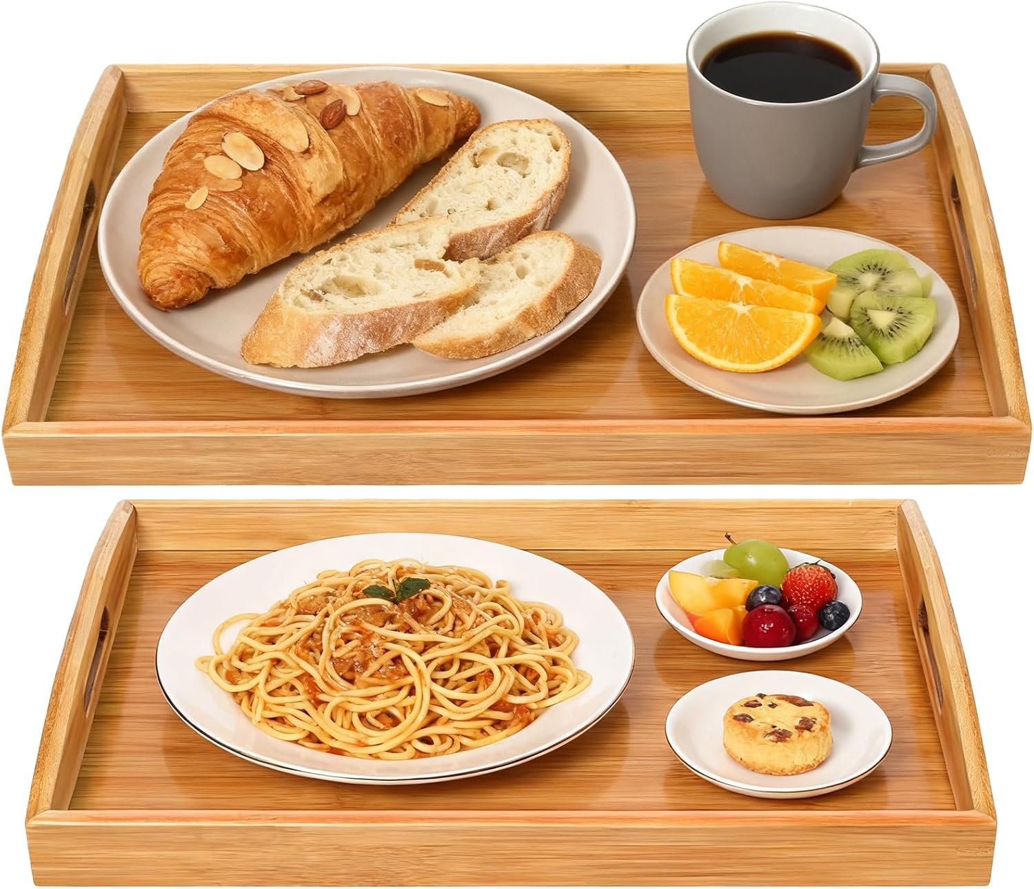 2-Pack Bamboo Serving Trays with Handles, 16″ and 13″, Decorative Food Tray Set for Breakfast, Coffee, Tea, Snacks, Ideal for Coffee Table, Ottoman, Living Room & Kitchen