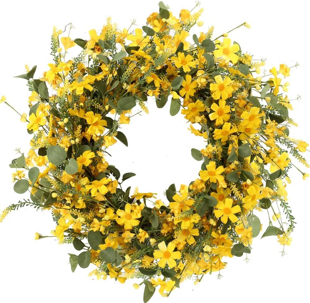 J’FLORU Artificial Spring Wreath 22 Inch Summer Wreaths for Front Door Yellow Daisy Wreath for Indoor Outdoor Home Decor and Easter Celebration