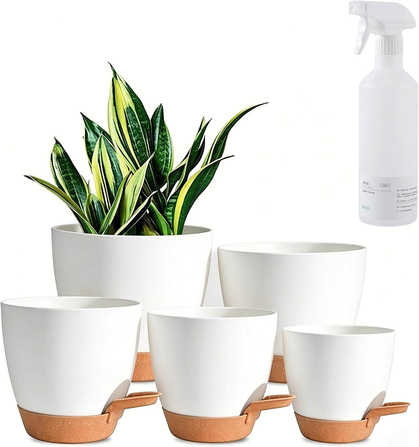 6-Pack Self Watering Pots for Indoor Plants, White | 5/5.5/6/6.5/7-inch sizes, Indoor/Outdoor Planters, Drainage Holes, Includes Watering Can
