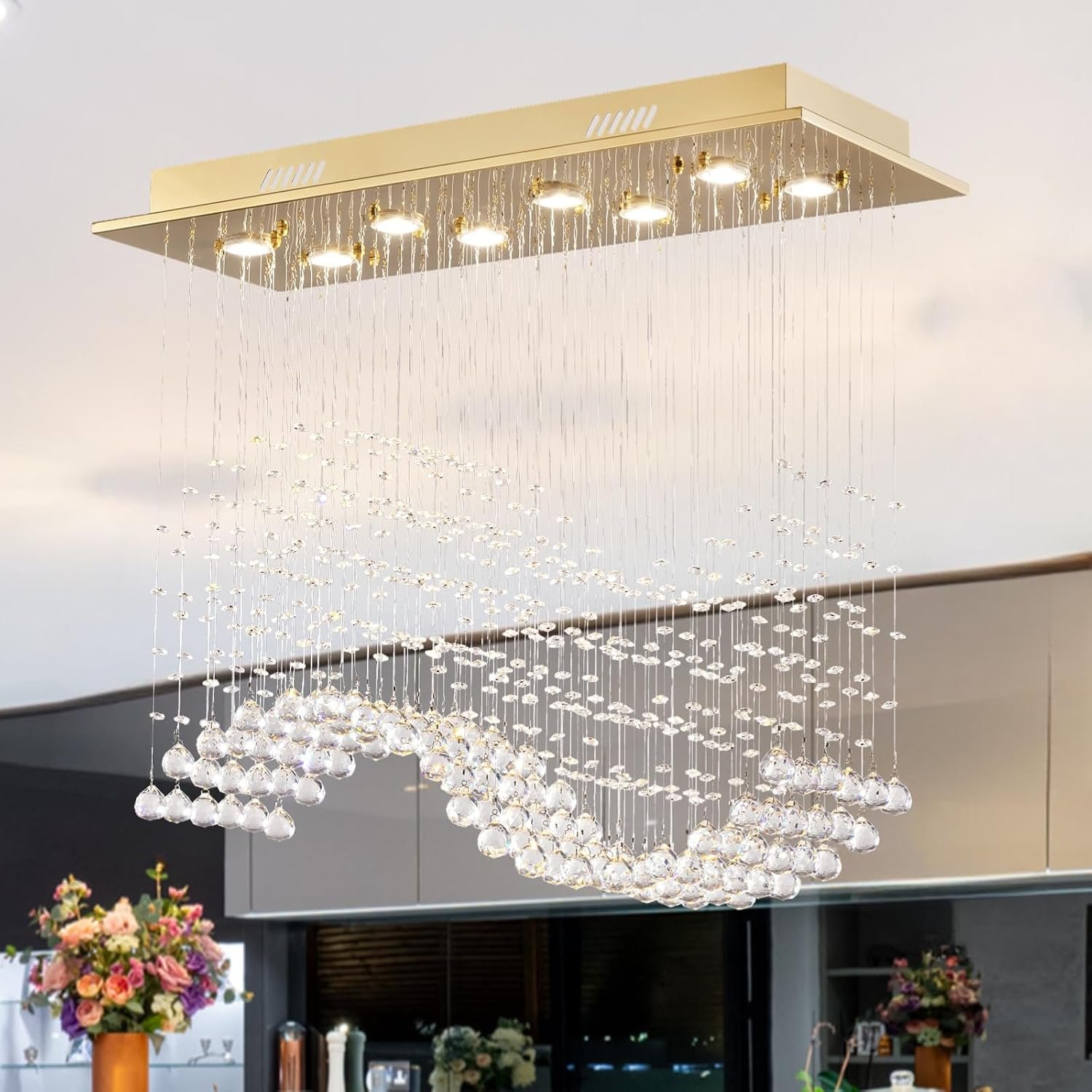 Siljoy Rectangular Gold Crystal Chandelier for Dining Room, 8-Light Modern Wave Raindrop Crystal Chandelier for Living Room Kitchen Island L31.5” x W11.8” x H32.2”