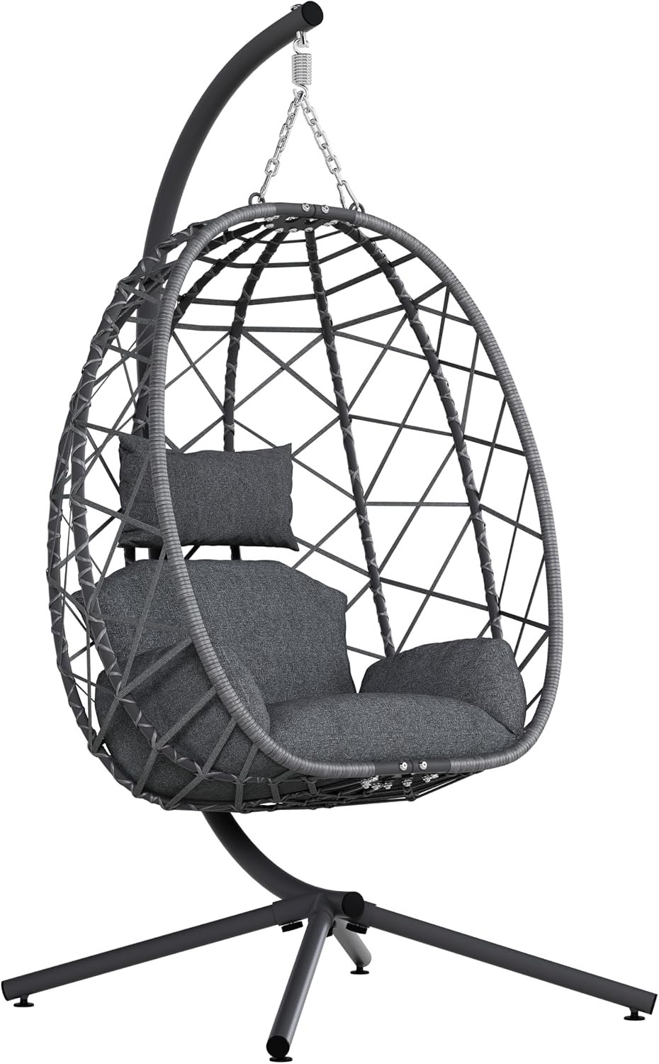 Hanging Egg Chair with Stand Outdoor, Wicker Patio Swing, Grey | Indoor Comfy Swinging Chair with Cushion, 400 LBS Capacity, Heavy Duty Egg Shaped Hammock Chairs for Outside Porch, Bedroom