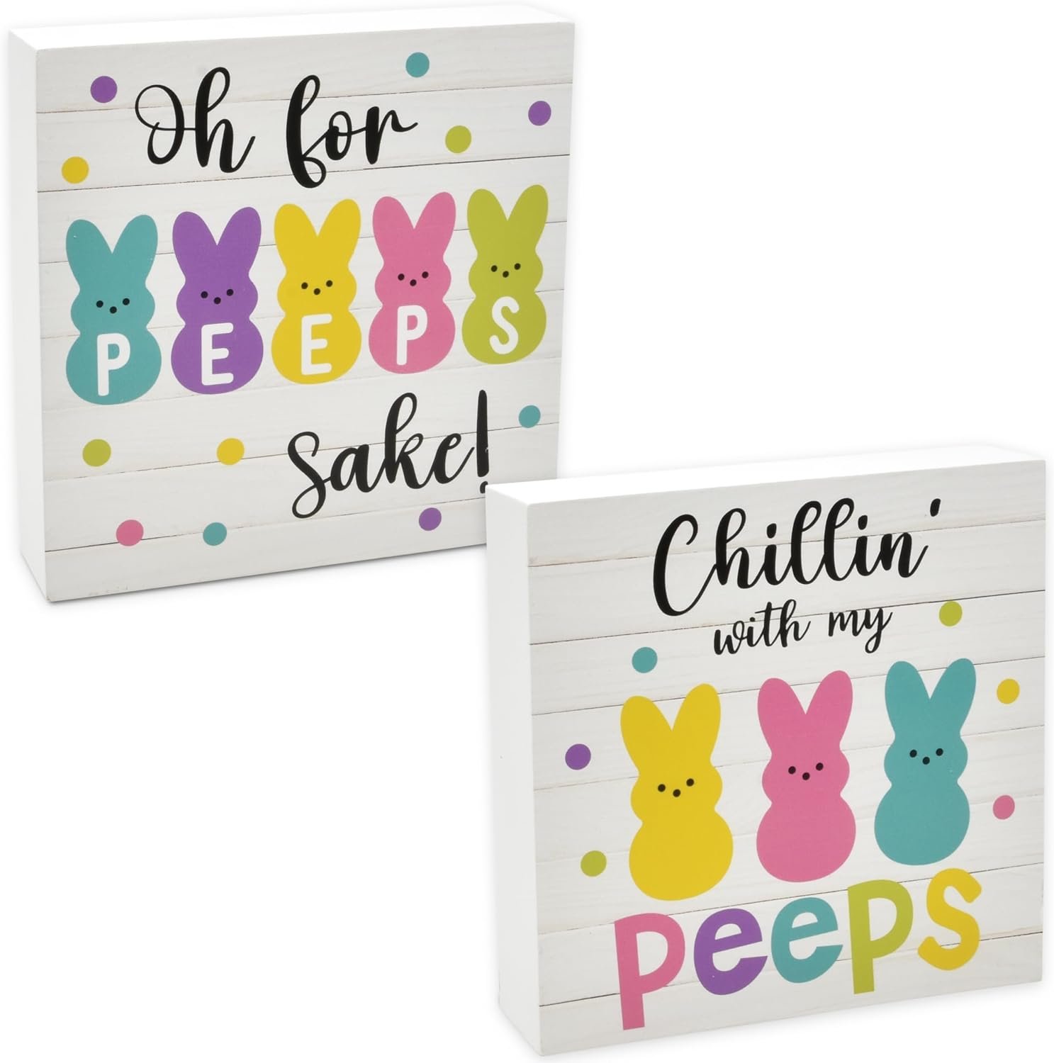 2 Funny Easter Bunny Decor Wooden Box Sign Peeps Table Decorations Centerpieces Wood Block Plaque Spring Tiered Tray Tabletop Gift for Dining Room Desk Kitchen Bathroom Mantle Home Party Supplies