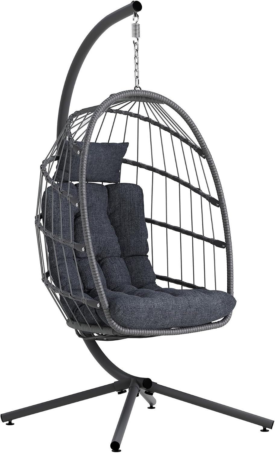 Egg Chair Outdoor with Stand, Indoor Wicker Hanging Egg Swing, Grey | Patio Swinging Chair with Thick Cushion, Egg Shaped Swing for Bedroom Porch Balcony, Rattan Hammock Chairs 370 LBS Capacity