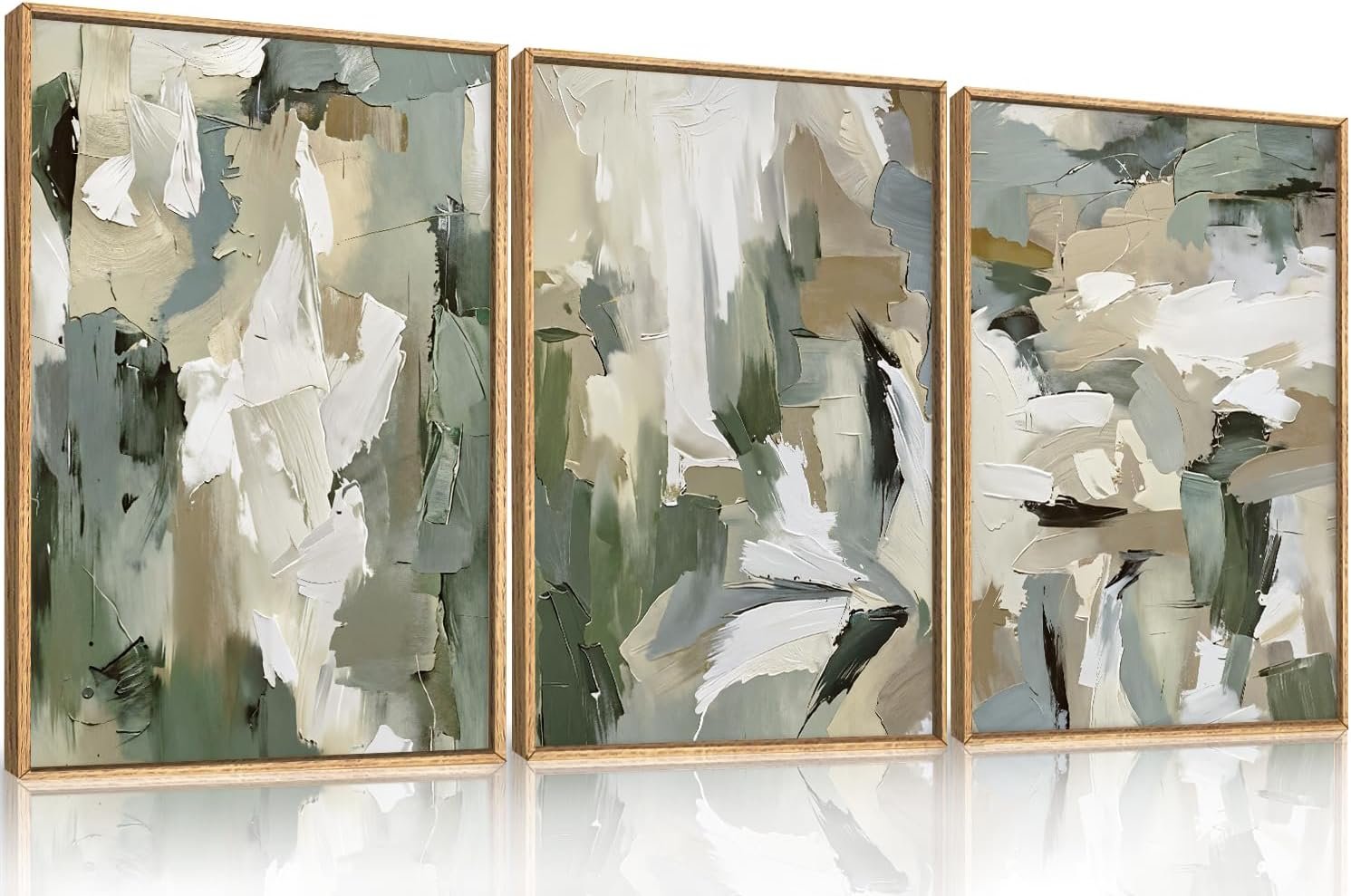 BICERE Large Abstract Green Beige Framed Canvas Wall Art Set-24″x36″x3 | Neutral Brush Stroke Watercolor Wall Painting,Modern Minimalist Artwork for Living Room,Bedroom,Dining Room,Office