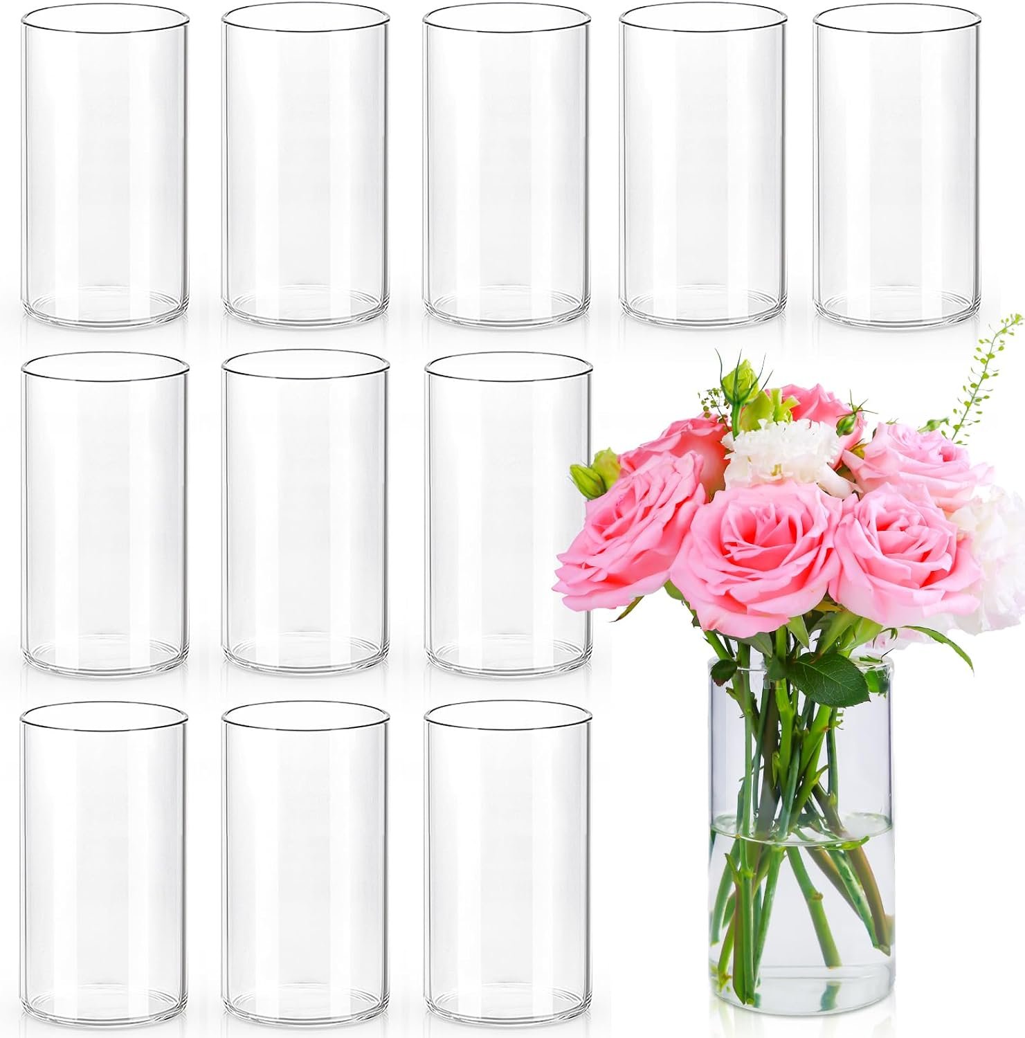UPBUD 6 Inch Glass Cylinder Vases for Centerpieces, 12Pcs Flower Vases | Clear Floating Candle vases for Dinner Table, Bridal Shower, Office Home Décor, Wedding Decorations