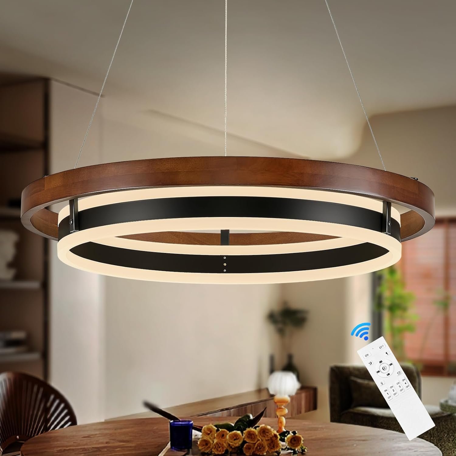 LED Ring Chandelier, Solid Walnut Wood LED Dining Room Light Fixtutre 24in Modern Farmhouse LED Chandelier Dimmable Black Chandeliers for Living Room Bedroom Entry