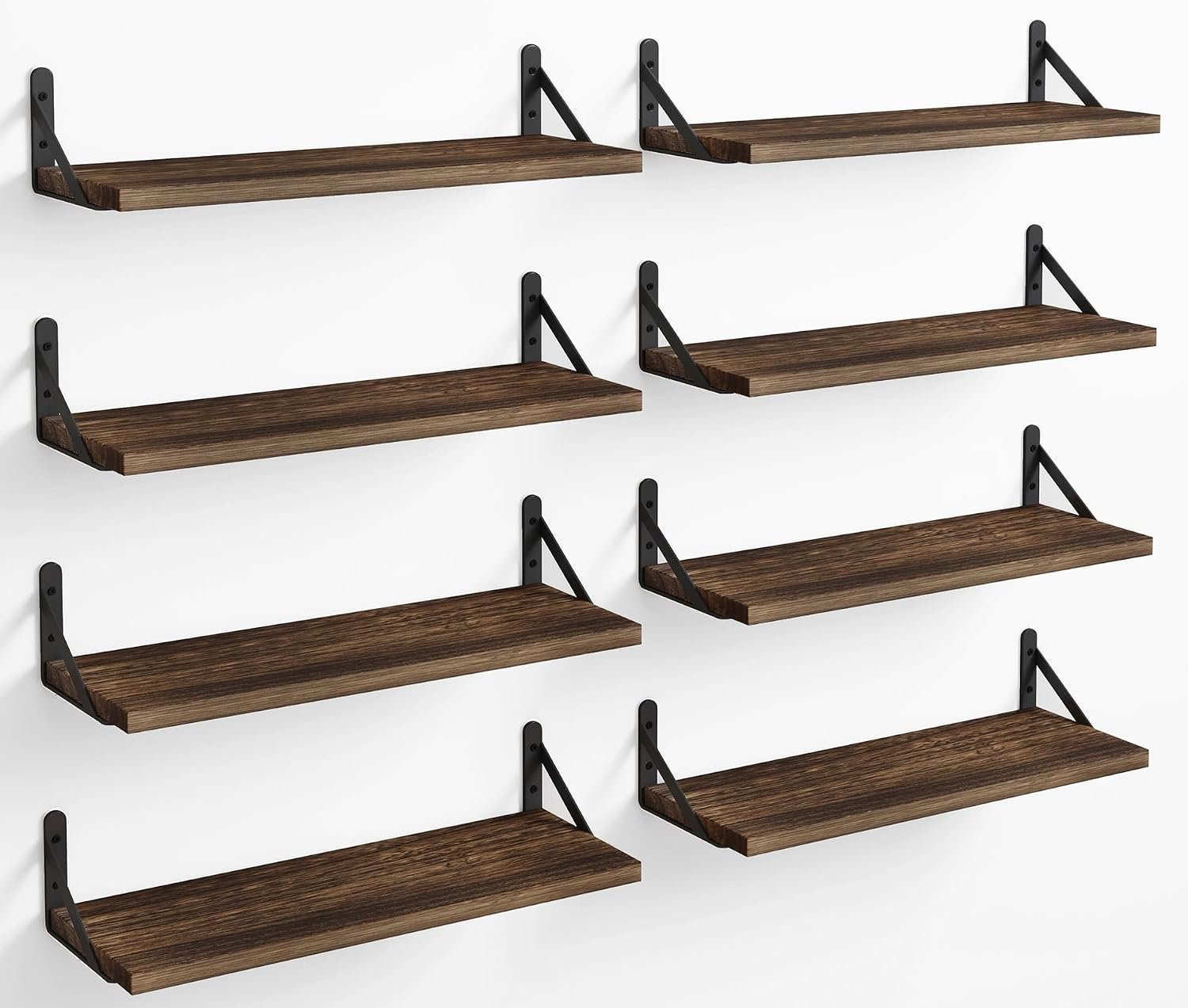 Fixwal Floating Wall Shelves, Set of 8, Width 4.75 Inches, Dark Carbonized | Rustic solid wood shelf, 0.65in thick board, holds up to 42 lbs. Fits bathroom, kitchen, bedroom, living room, or office.