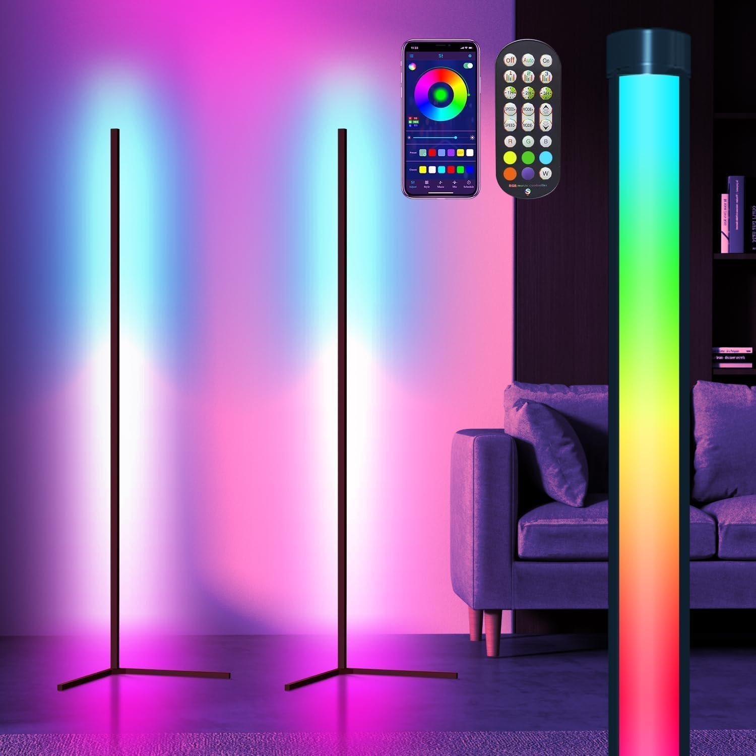Corner Floor Lamp, 2 Pack LED Corner Lamp with App/Remote/Button Control, Smart RGB Floor Lamp with 16 Million DIY Colors, 300+Dynamic Modes, Music Sync for Living Room, Bedroom, Gaming Room
