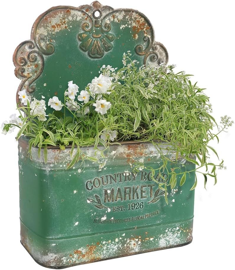 Metal Wall Planter Outdoor Wall Hanging Planter Rustic Wall Mount Planter Outdoor Wall Planter for Farmhouse Garden Decor (Green)