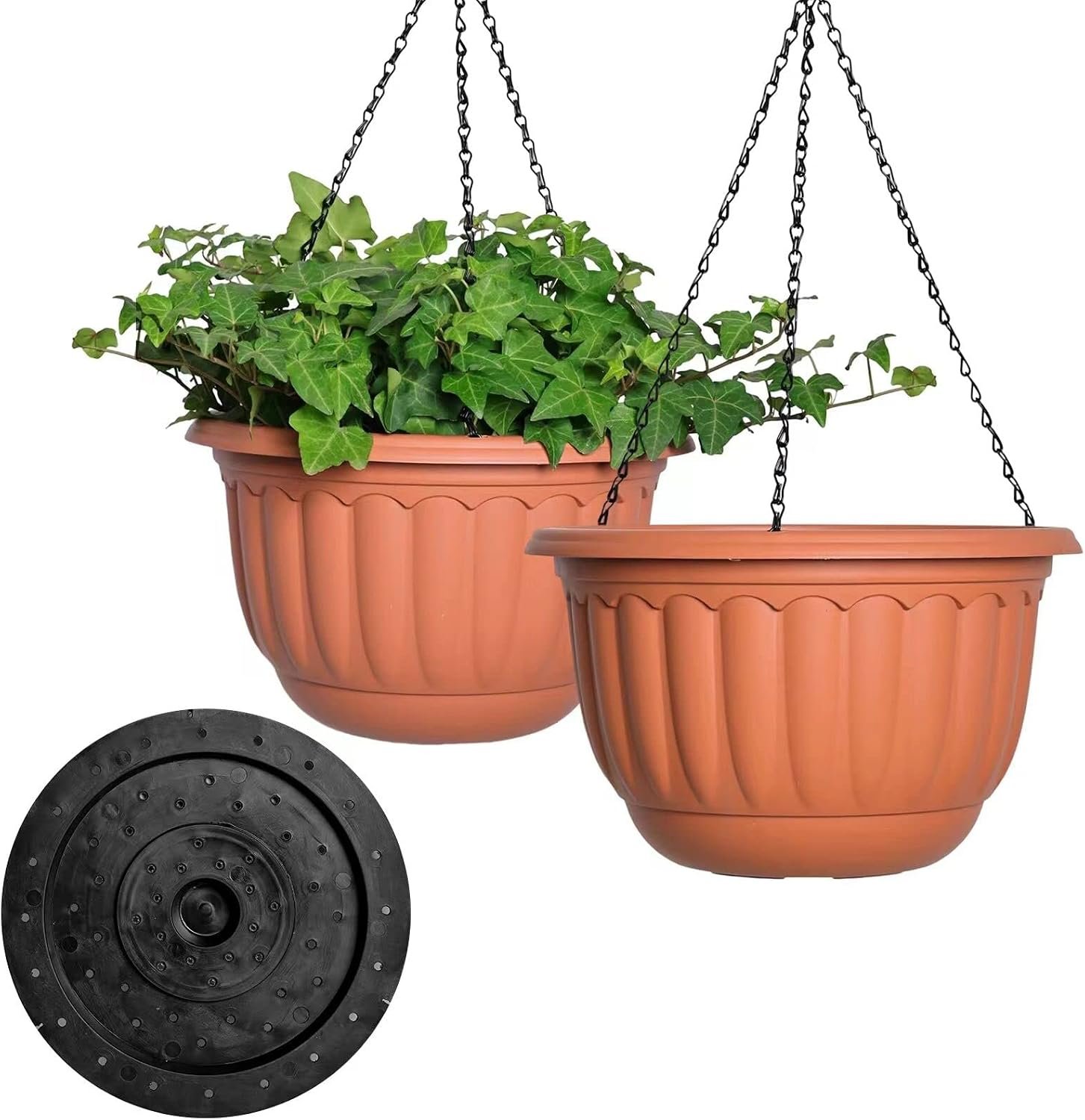 YIKUSH 12 Inch Hanging Planters for Outdoor Plants, 2 Pack Plastic Hanging Flower Pots with Drainage Hole & Tray, Hanging Basket Style Pots for Porch Patio Balcony Decor (Terracotta Color)