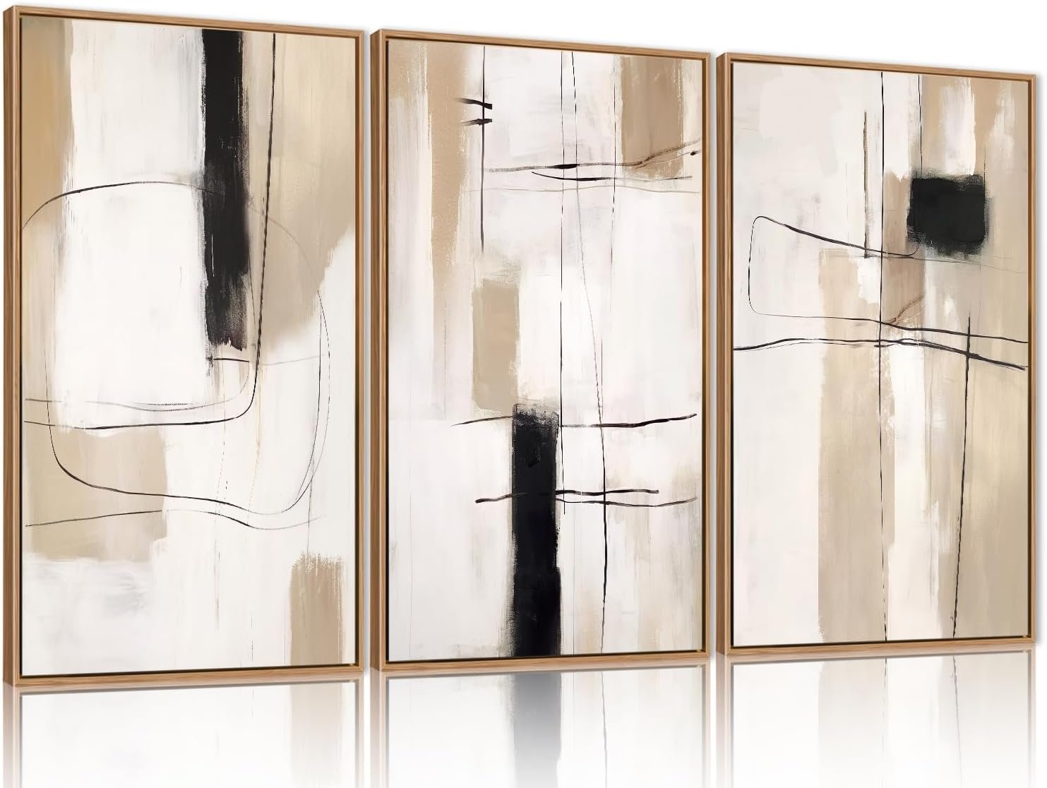 FWIEXA Modern Abstract Canvas Wall Art Set of 3, Framed Neutral Wall Decor, Large Black White Wall Painting, Beige Cream 16×24 Inch Prints Artworks for Living Room, Bedroom, Dining Room, Office