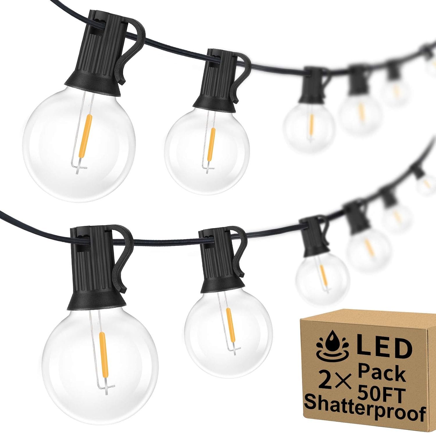 100ft 2-Pack Outdoor String Lights, G40 LED Globe Waterproof Patio Lights | 52 Shatterproof Edison Bulbs, Dimmable, Plug-In, Connectable, Commercial Hanging Lights for Porch Backyard Party Decor