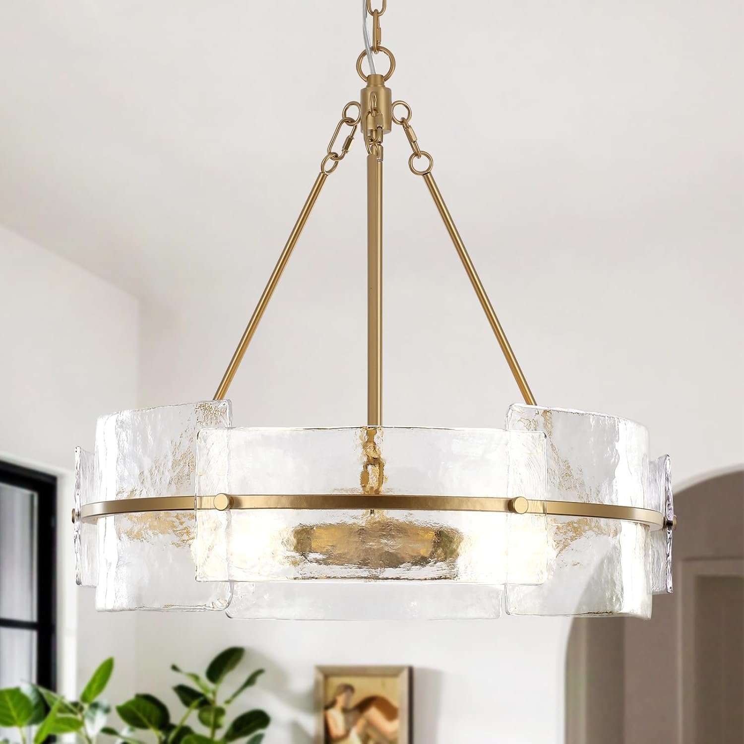 Modern Chandelier for Dining Room 22″ Gold Glass Chandelier | Large Farmhouse Round Chandelier for Kitchen Island, Foyer, Bedroom, Hallway, Entryway