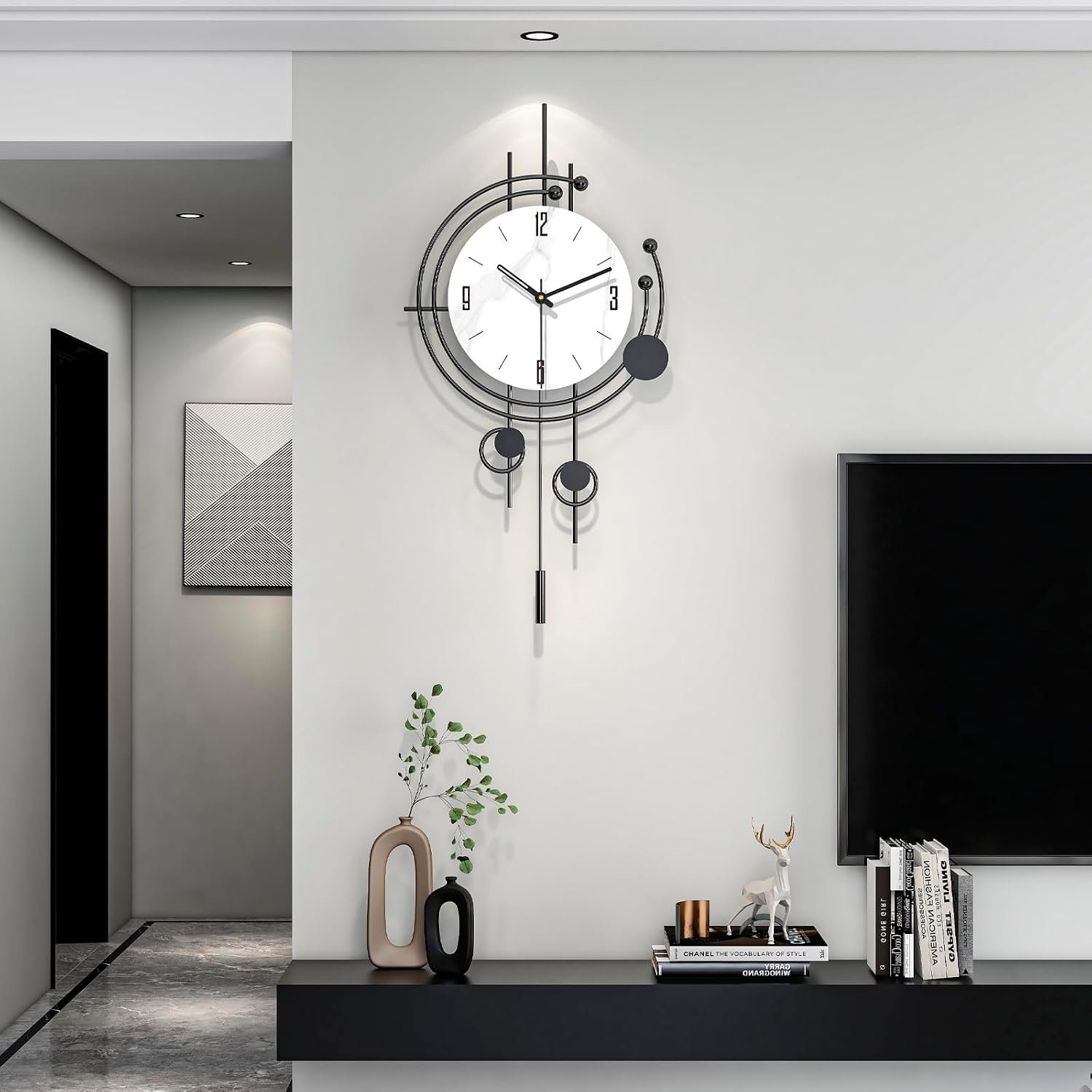 Modern Wall Clock for Living Room Decor Large Decorative Metal Wall Clock with Pendulum 14 Inch Big Black Silent Unique Clock Battery Operated Non Ticking for Kitchen Office Bedroom