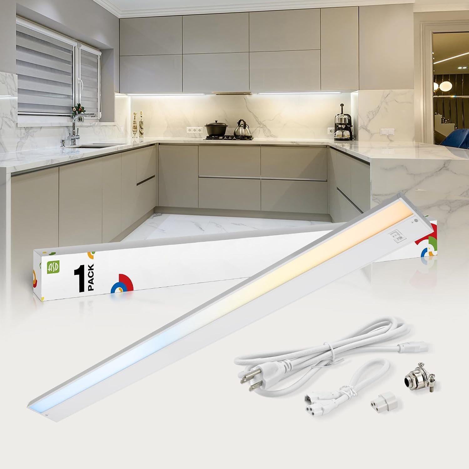 ASD LED Under Cabinet Lighting Plug in or Hardwired 48 Inch, Dimmable Under Cabinet Lights with High/Low/Off Switch, 3CCT 2700K-4000K, Linkable Under Counter Lights for Kitchen, ETL Listed, White