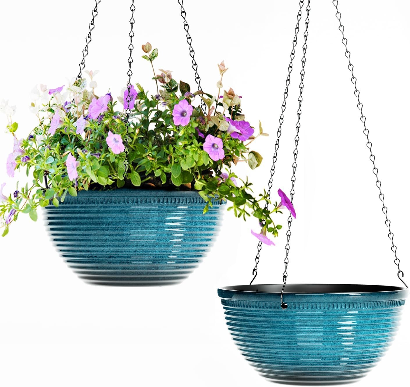 10 Inch Hanging Planters, Glazed Hanging Basket with Drainage Holes, 2 Pack | Ceramic-Look Hanging Flower Pots for Indoor Outdoor Plants, Patio, Garden, Porch, Home, Balcony Decor,Blue