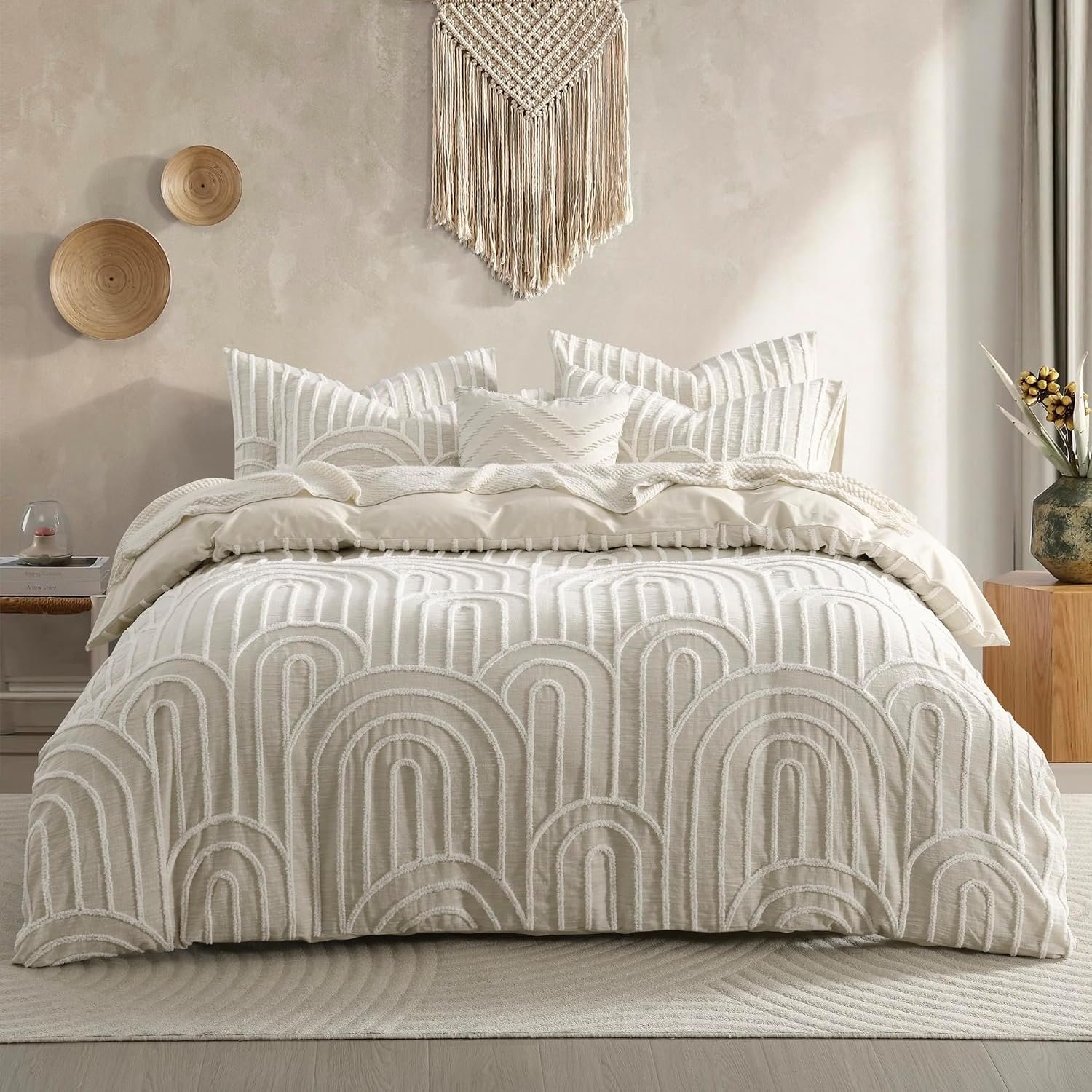 Linen Feel Cotton Boho Tufted Duvet Cover Set Queen 90×90” 3pcs | Natural Breathable Cotton Fabric , ( Note : Budget Lookalikes Use Static-Prone Polyester Or Microfiber Fabric)