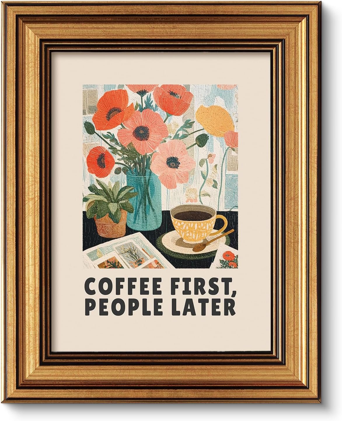 ARPEOTCY Vintage Gold Framed Canvas Wall Art, 8×10 Inch Coffee First People Later Quote, Floral Coffee Bar Decor, Funny Kitchen Wall Art