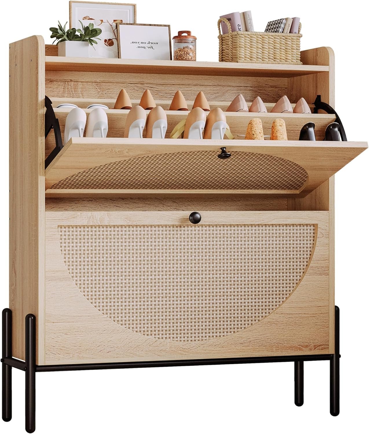 IRONCK Rattan Shoe Cabinet Storage with 2 Flip Drawers, Oak | Free Standing Wooden Shoe Storage Organizer Cabinet with Rattan Doors for Entryway, Narrow Shoe Rack Cabinet